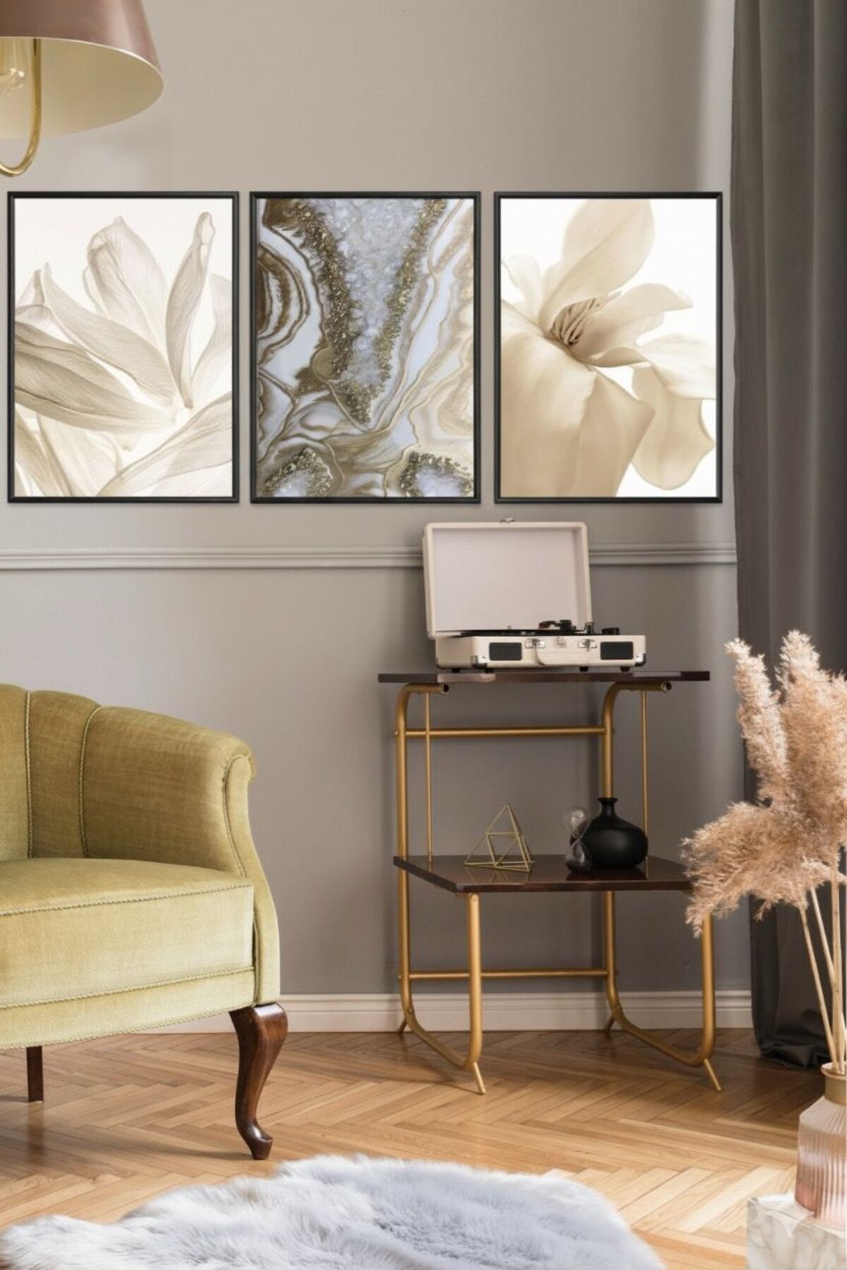 3lü Siyah Metal Çerçeve Krem Çiçek Cam Tablo Seti