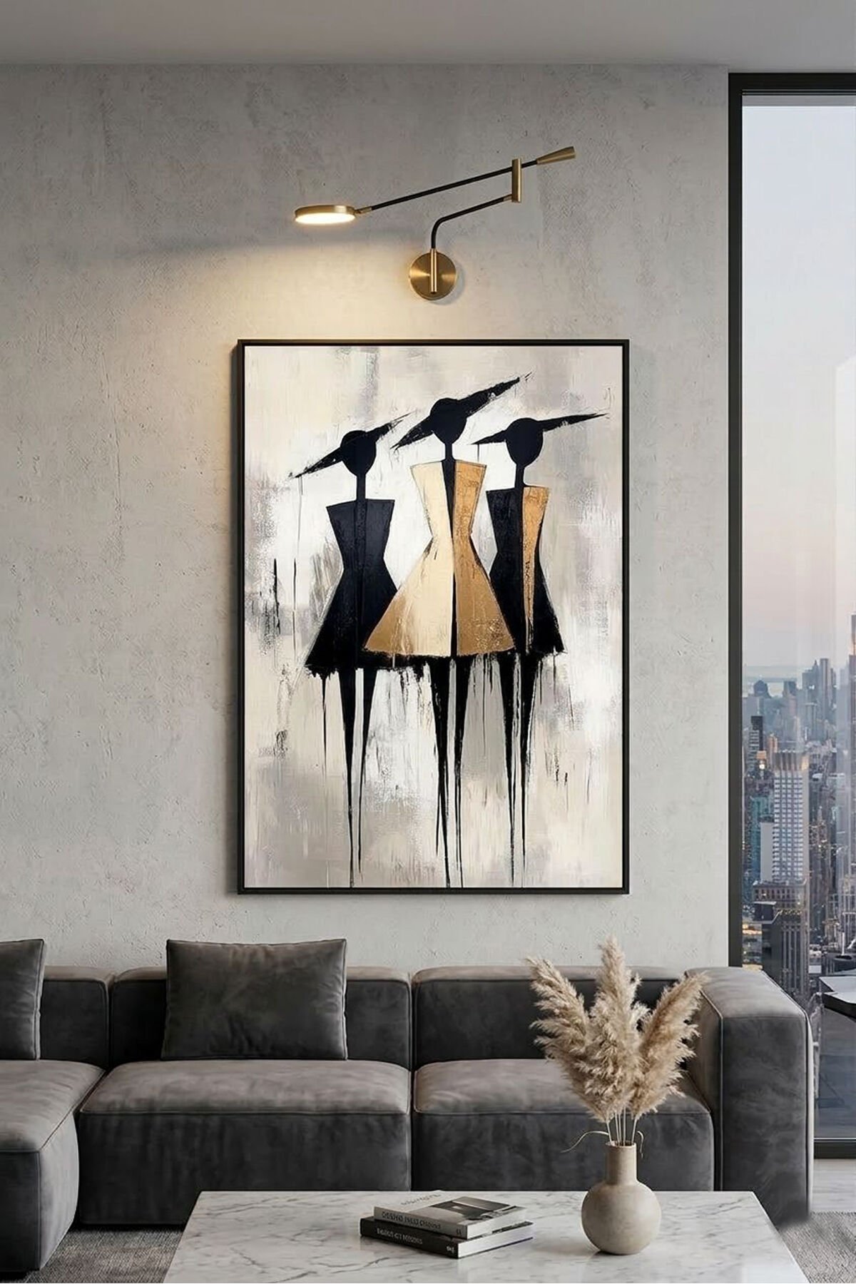 Tekli Siyah Metal Çerçeve Gold Detaylı Soyut Kadın Figürleri Camlı Tablo