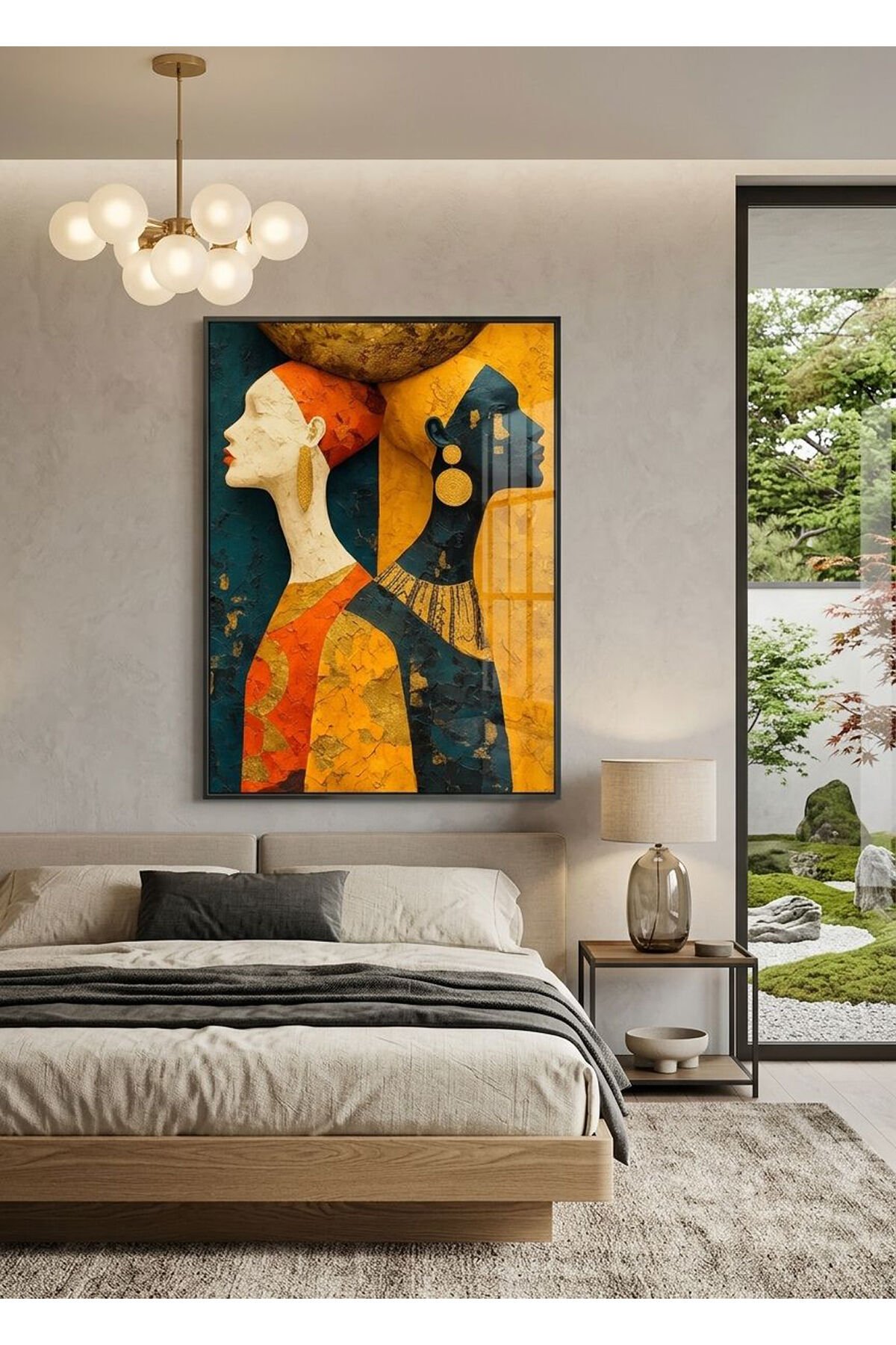 Tekli Siyah Metal Çerçeve Etnik Figürlü Sarı ve Lacivert Camlı Tablo Seti