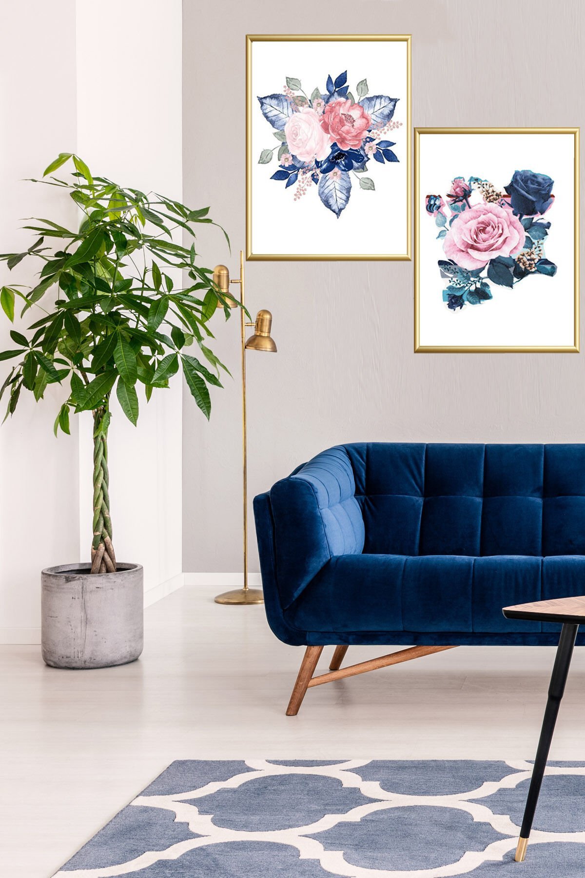 2li Dekoratif Gold Alüminyum Metal Çerçeveli Camlı Kırmızı Mavi Çiçekli Poster Tablo Seti