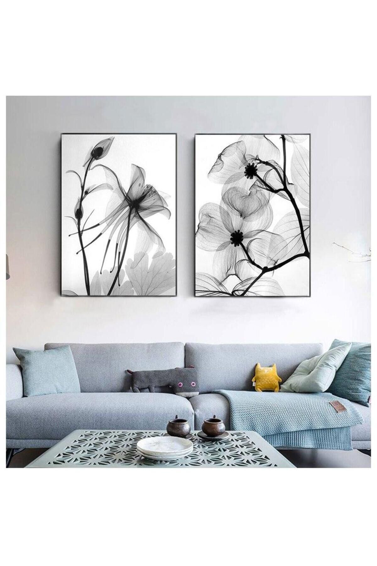 2li Siyah Beyaz Karahindiba Metal Çerçeve Camlı Tablo Seti