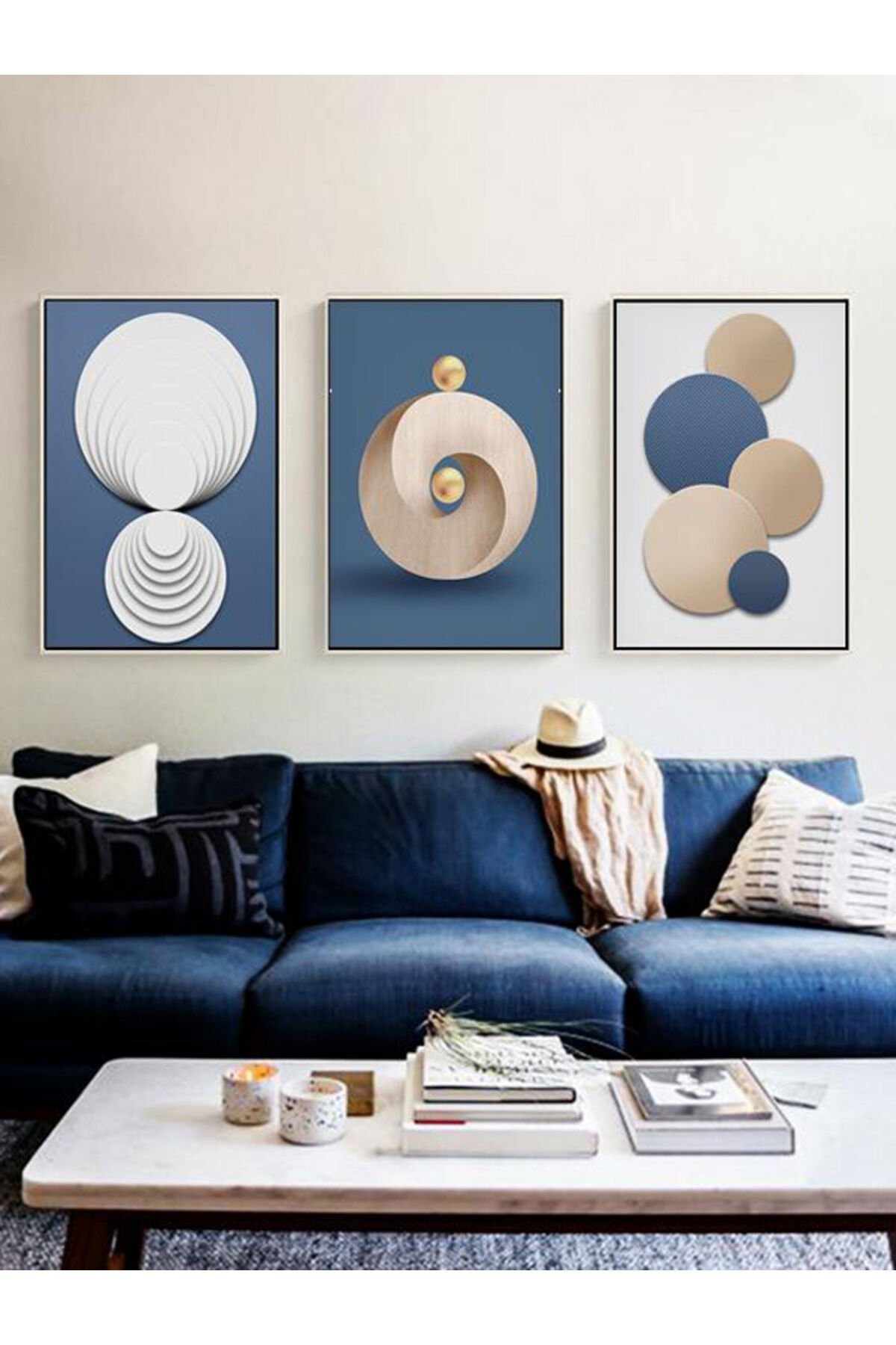 3lü Siyah Çerçeveli Mavi Krem Soyut Metal Cam Tablo Seti
