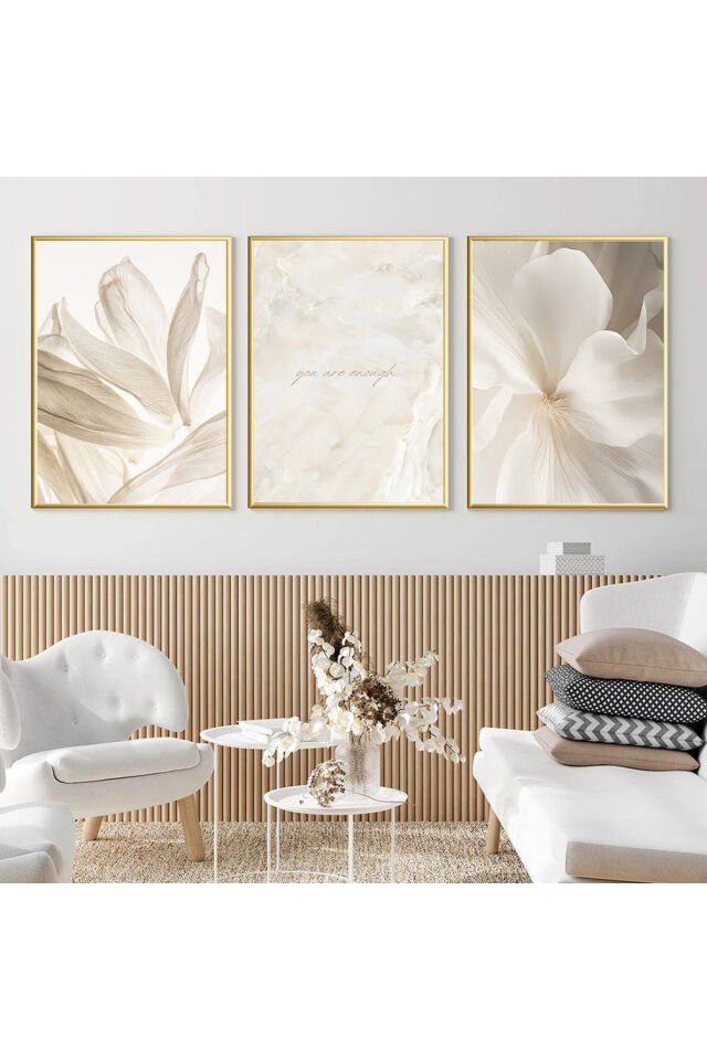 Üçlü Gold Metal Çerçeveli Soft Fenomen Moda Cam Tablo Seti Gold - 60 X 90