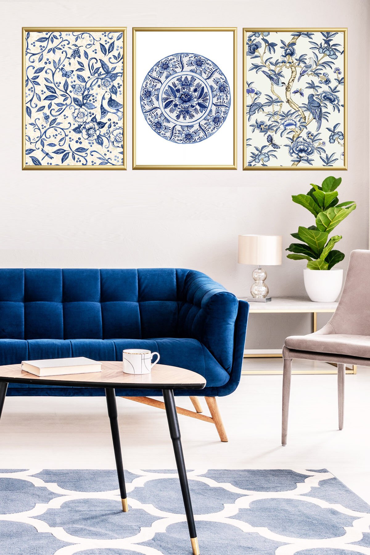 Üçlü Gold Alüminyum Metal Çerçeveli Cam Mavi Dekoratif Blue Blanc Desenli Poster Tablo Seti