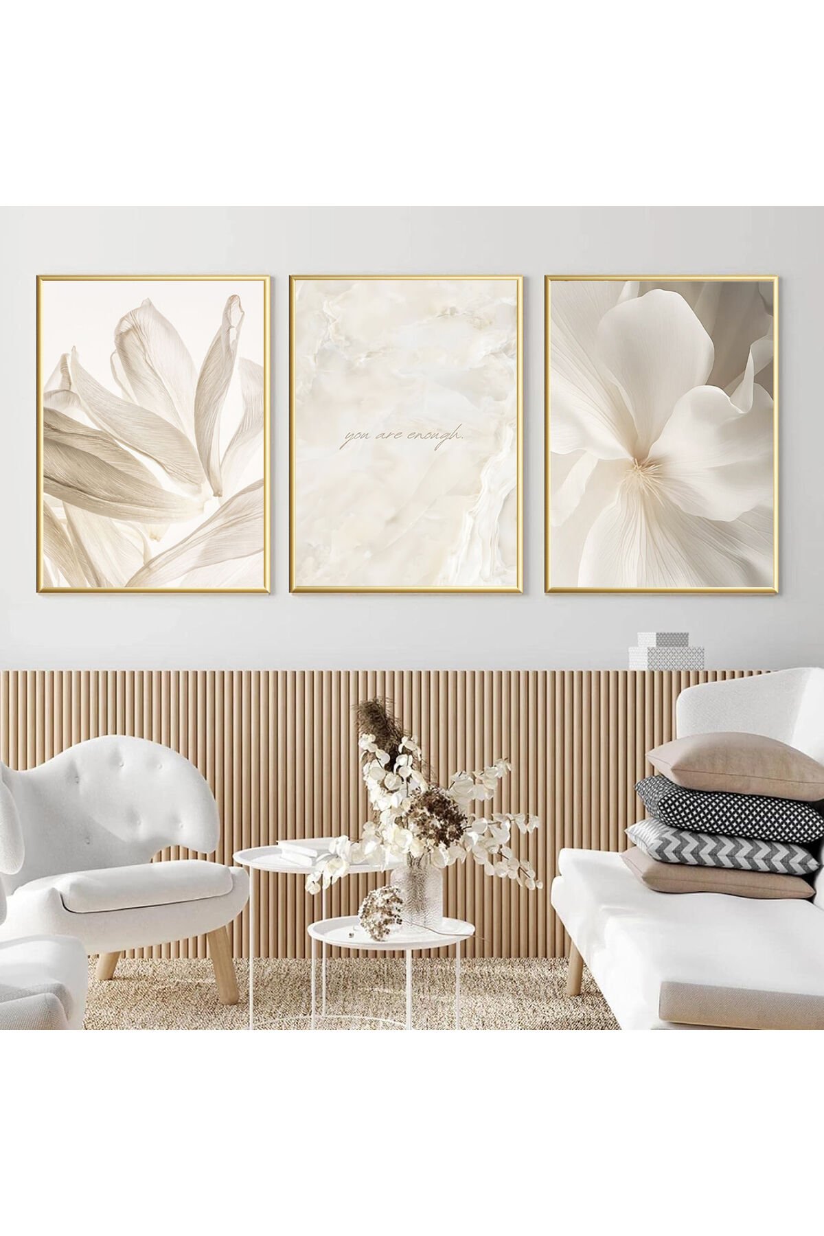 Üçlü Gold Metal Çerçeveli Soft Fenomen Moda Cam Tablo Seti Gold - 40 X 60
