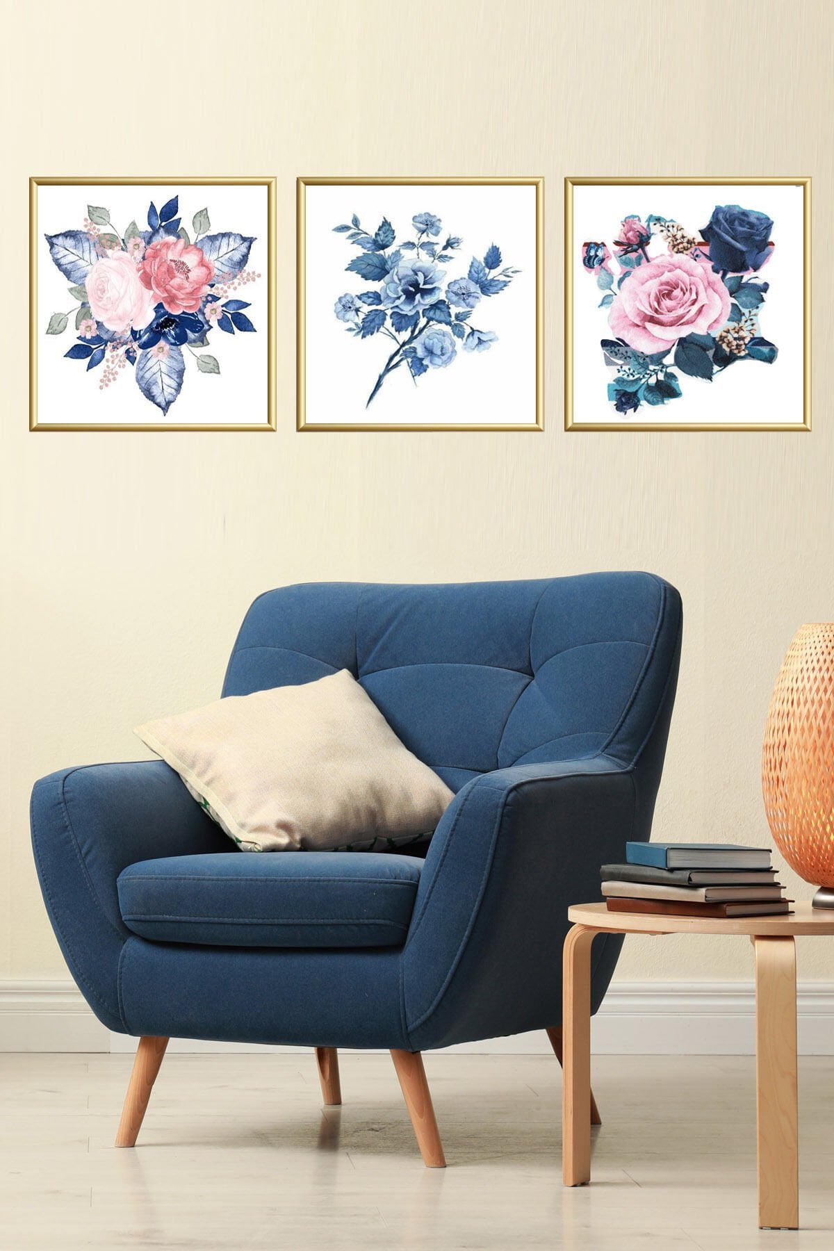 Üçlü Gold Alüminyum Metal Çerçeveli Camlı Kare Kırmızı Mavi Çiçek Desenli Tablo Seti