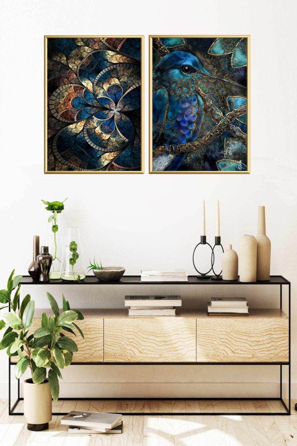 Ikili Gold Alüminyum Metal Çerçeveli Camlı Poster Tablo Seti