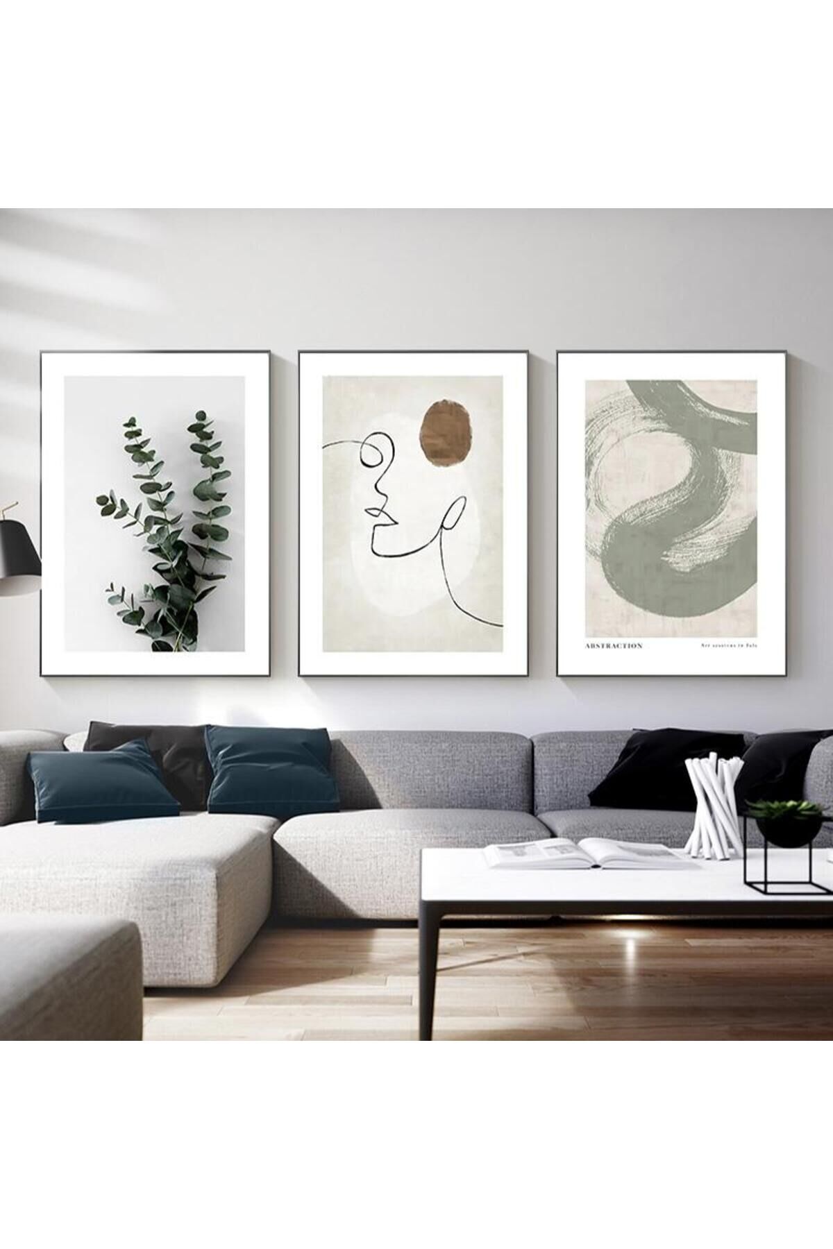 3lü Siyah Metal Çerçeveli Yaprak Siluet Camlı Tablo Seti