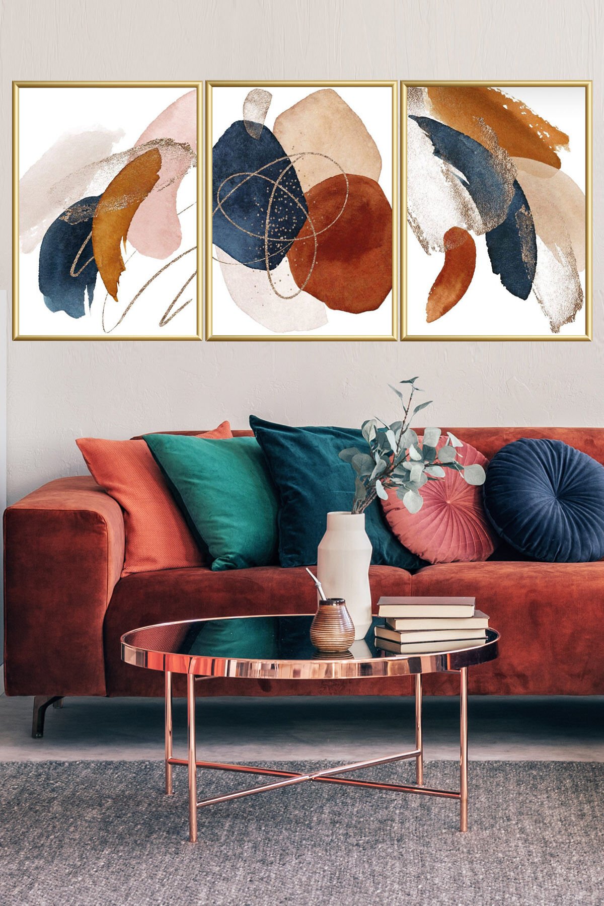 Üçlü Gold Alüminyum Metal Çerçeveli Camlı Soyut Desenli Poster Tablo Seti