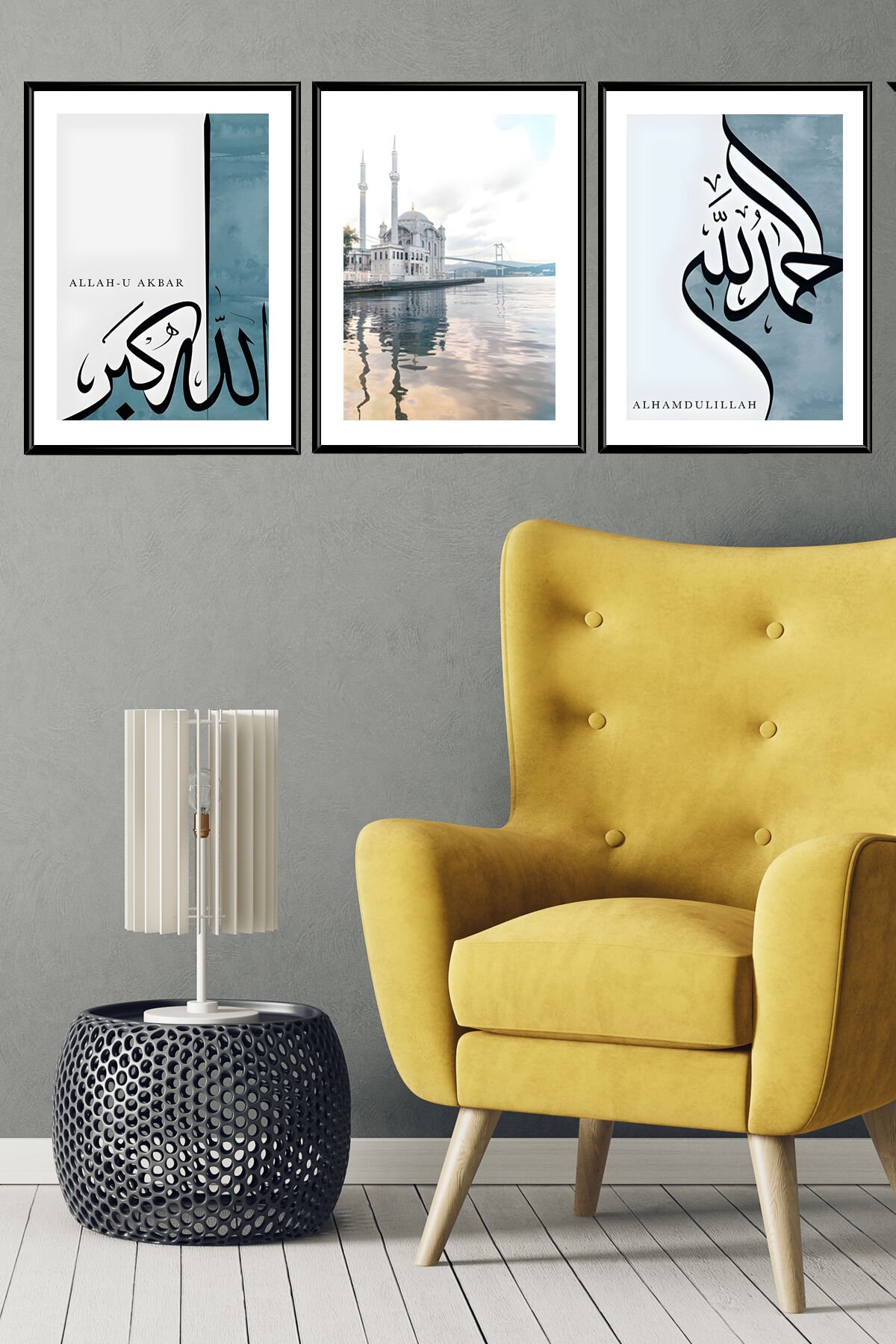 Üçlü Siyah Metal Çerçeveli Mavi İslami Ortaköy Camlı Tablo Seti
