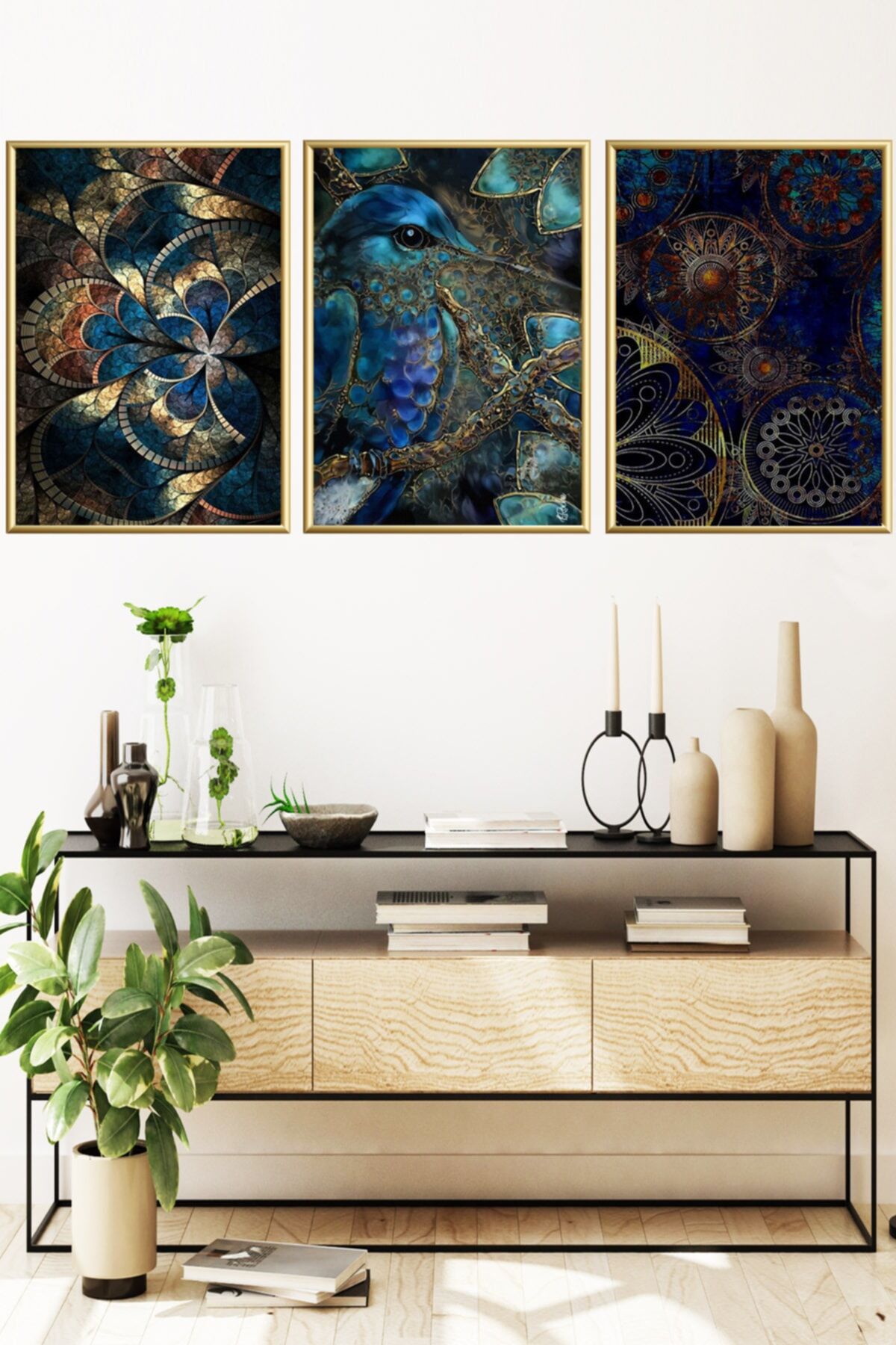 Üçlü Gold Alüminyum Metal Çerçeveli Camlı Poster Tablo Seti