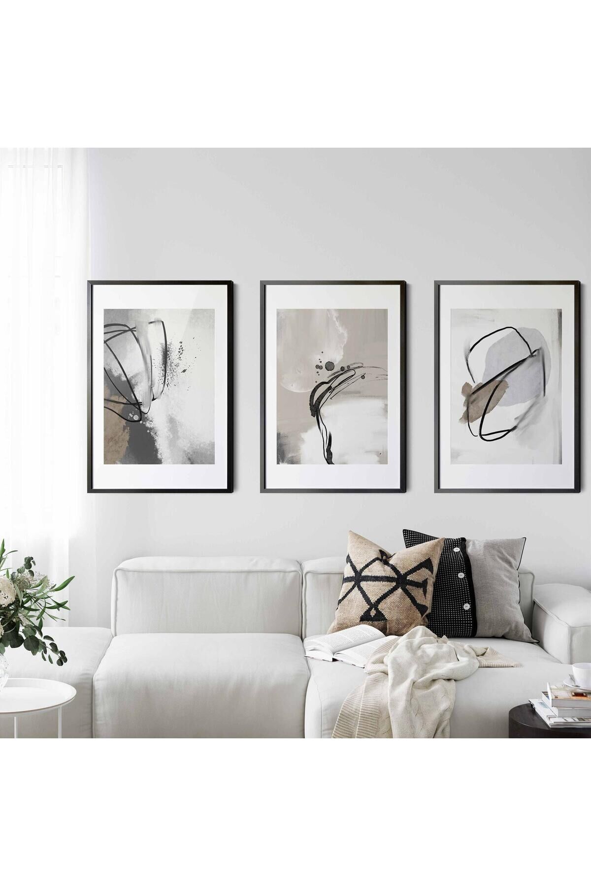 Üçlü Siyah Metal Çerçeveli Soyut Boya Poster Camlı Tablo Seti