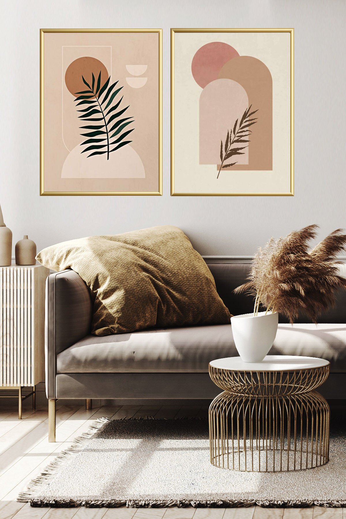 Ikili Gold Alüminyum Metal Çerçeveli Camlı Poster Tablo Seti