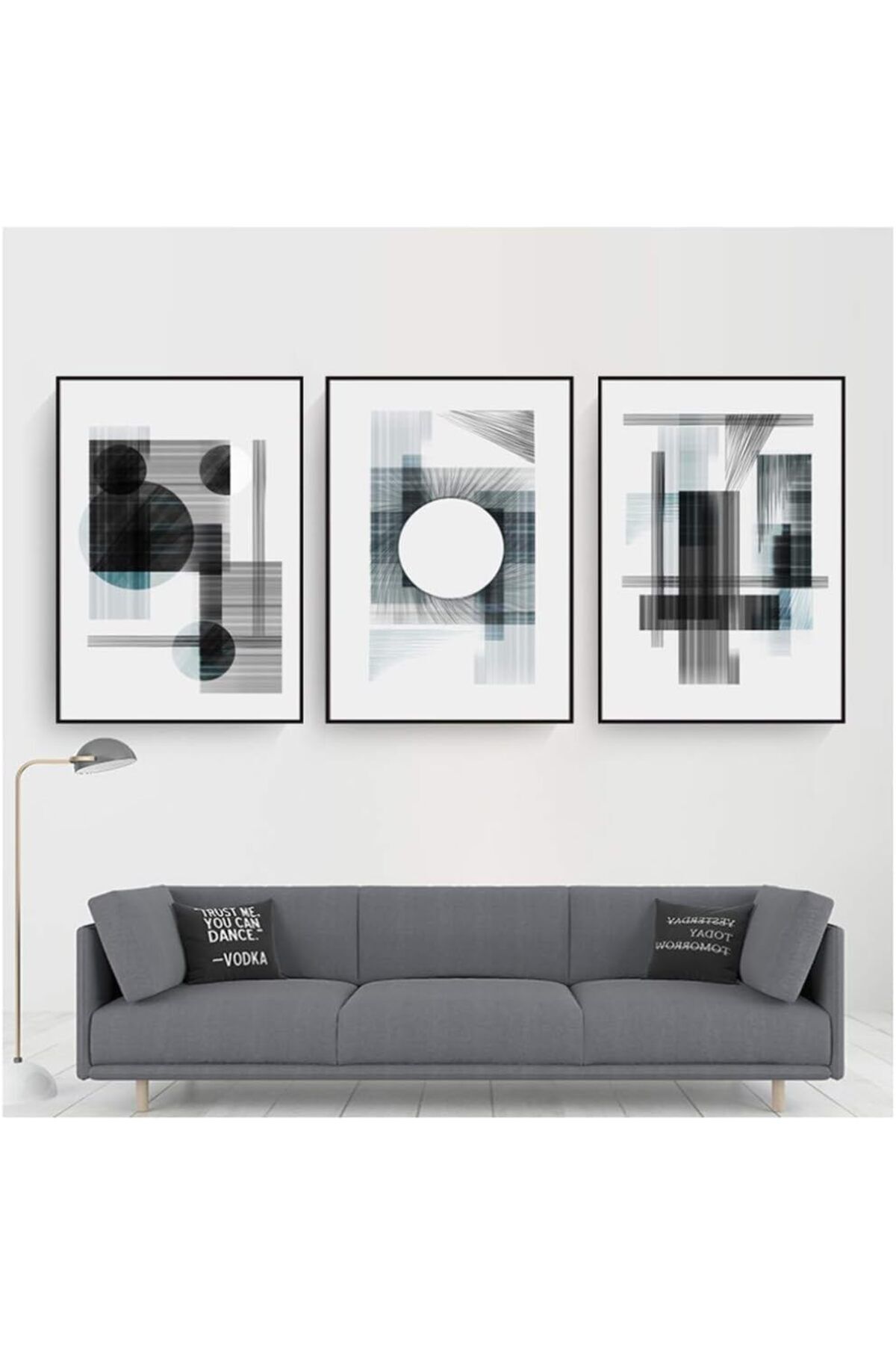 3lü Siyah Metal Çerçeveli Beyaz Geometrik Dairesel Poster Camlı Tablo Seti