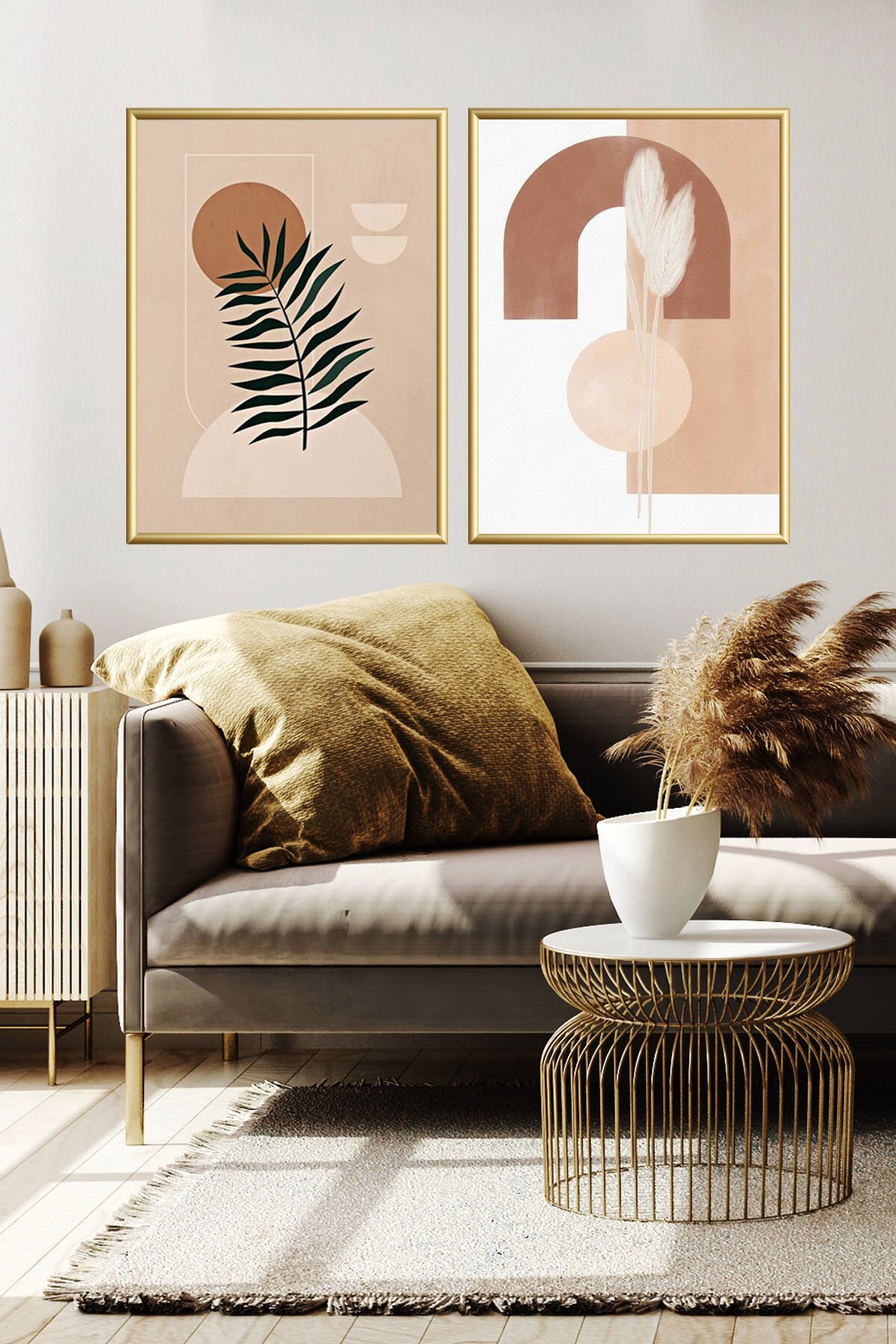 Ikili Gold Alüminyum Metal Yaprak Soyut Iskandinav Çerçeveli Camlı Poster Tablo Seti