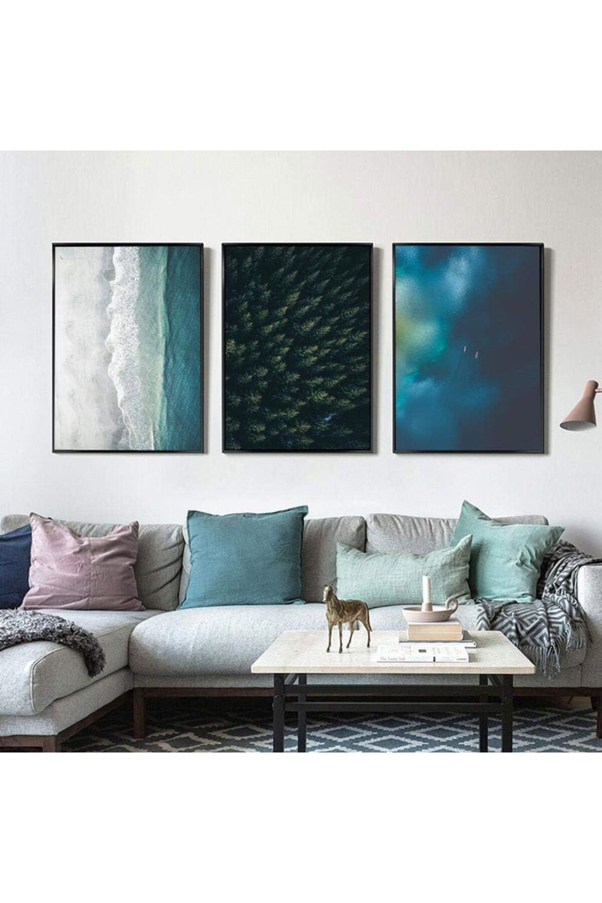 Üçlü Siyah Metal Çerçeveli Deniz Doğa Poster Cam Tablo Seti