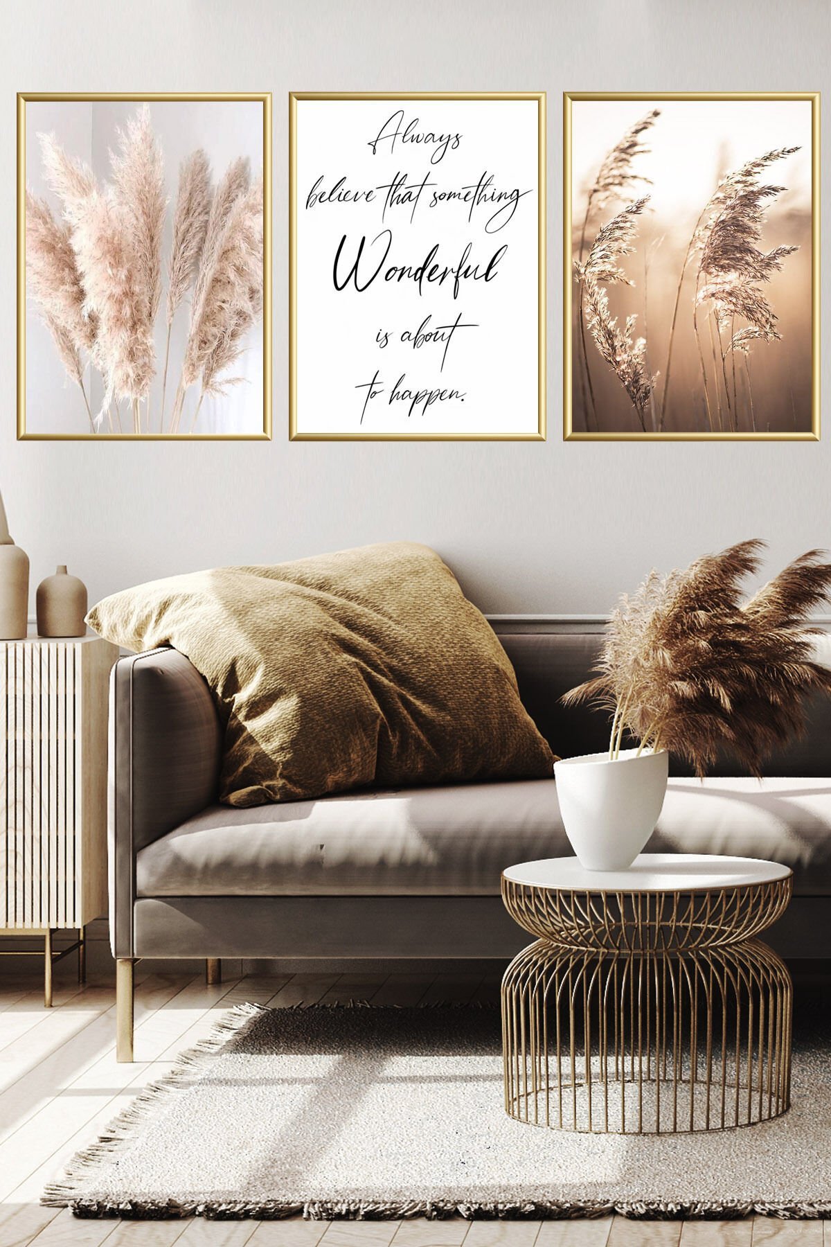 Üçlü Gold Alüminyum Metal Çerçeveli Salon Dekoratif Pampas Motto Camlı Poster Tablo Seti