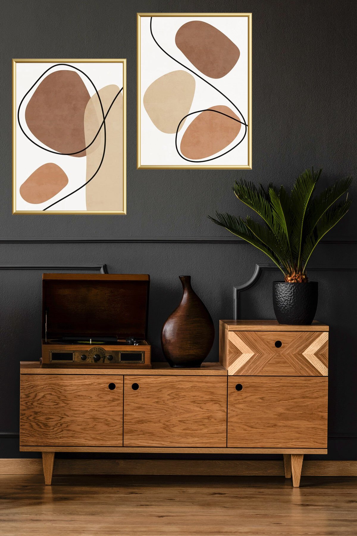 Ikili Gold Alüminyum Soyut Metal Çerçeveli Camlı Poster Tablo Seti