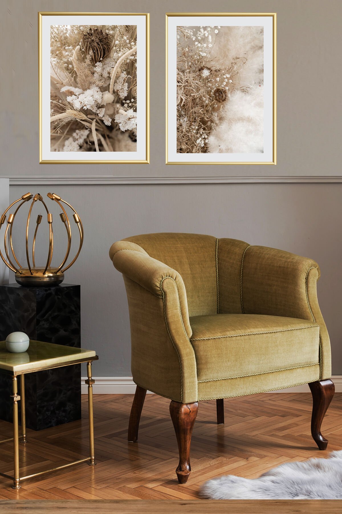 Ikili Gold Alüminyum Metal Soft Renkler Çerçeveli Camlı Poster Tablo Seti