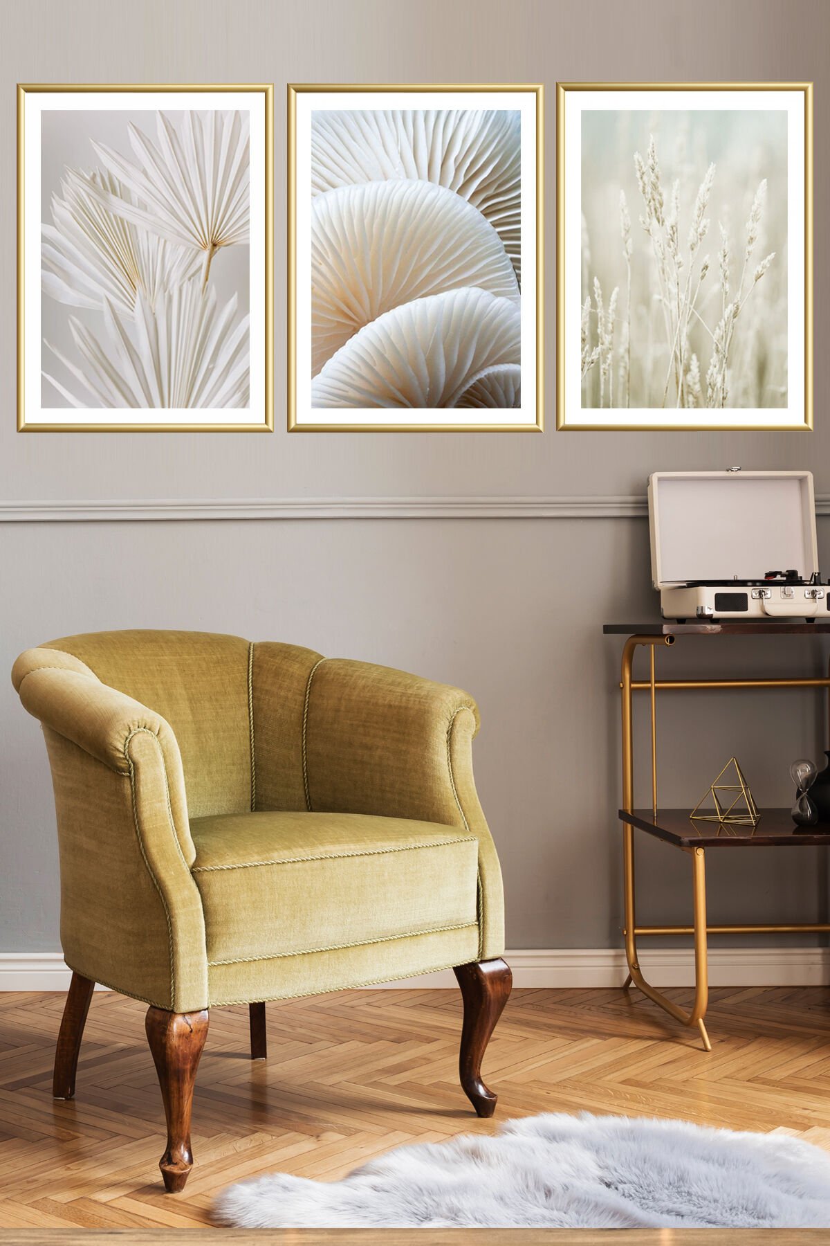 Üçlü Gold Alüminyum Ferah Salon Metal Çerçeveli Camlı Poster Tablo Seti