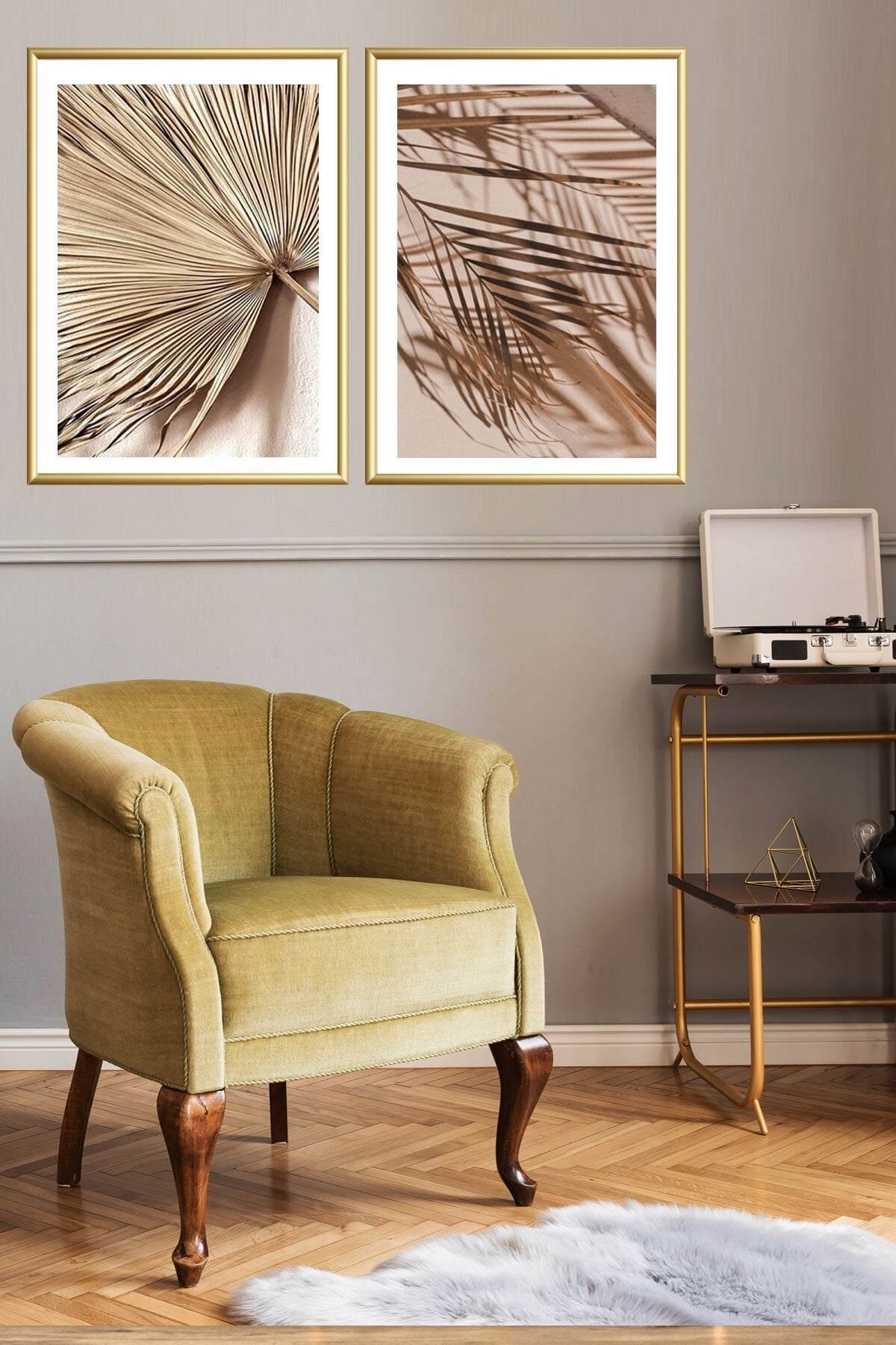 Ikili Gold Alüminyum Metal Yaprak Çerçeveli Camlı Poster Tablo Seti