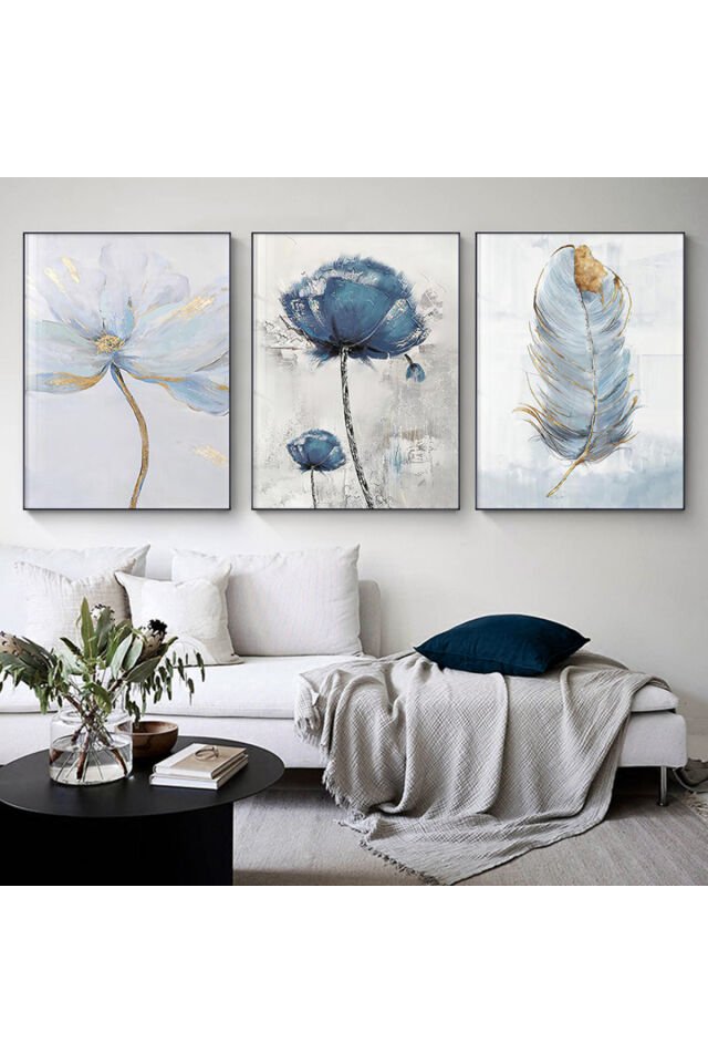 Üçlü Siyah Alüminyum Metal Çerçeveli Mavi Tüy Yaprak Camlı Tablo Poster Seti Si̇yah - 60 X 90