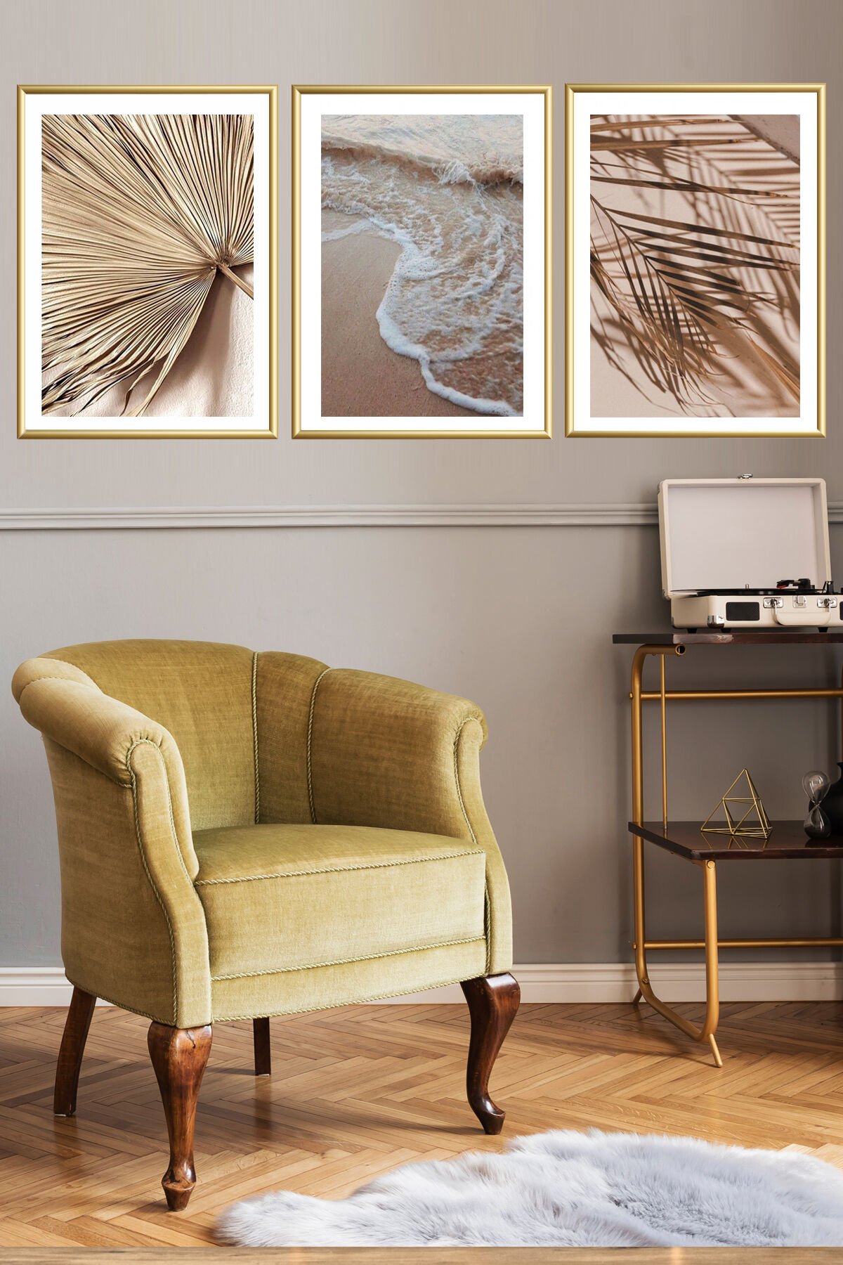 Üçlü Gold Metal Kumsal Yaprak Yaz Çerçeve Cam Poster Tablo Seti