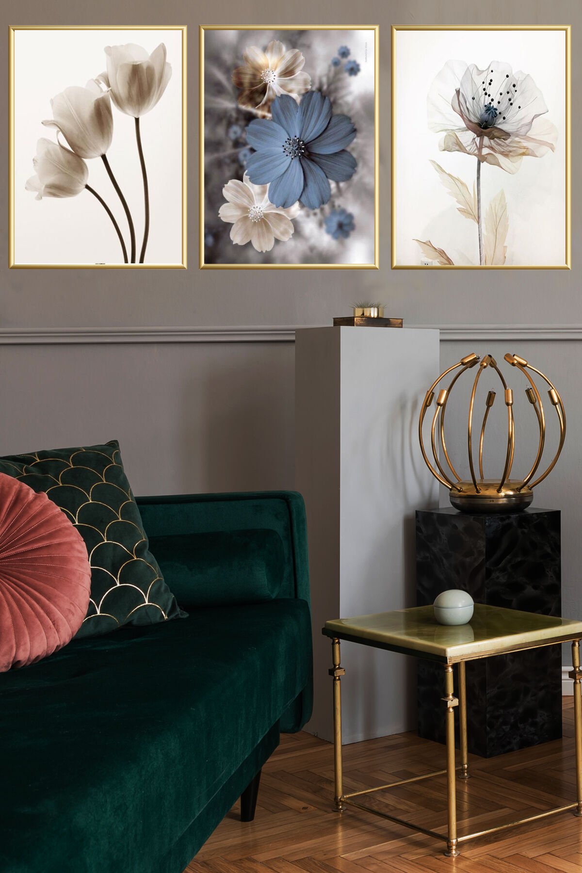 3lü Dekoratif Tablo Cam Gold Metal Mavi Çiçek Salon Şık Çerçeveli Poster Seti