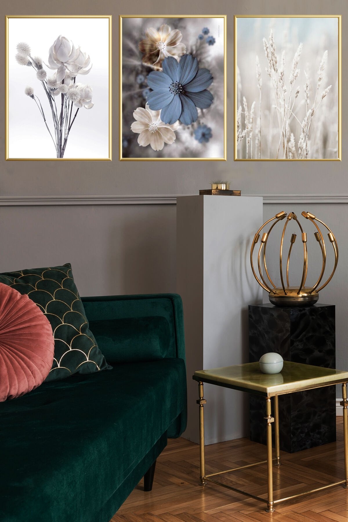 Üçlü Gold Alüminyum Metal Çerçeveli Camlı Mavi Beyaz Çiçekli Poster Tablo Seti Oturma Odası Salon