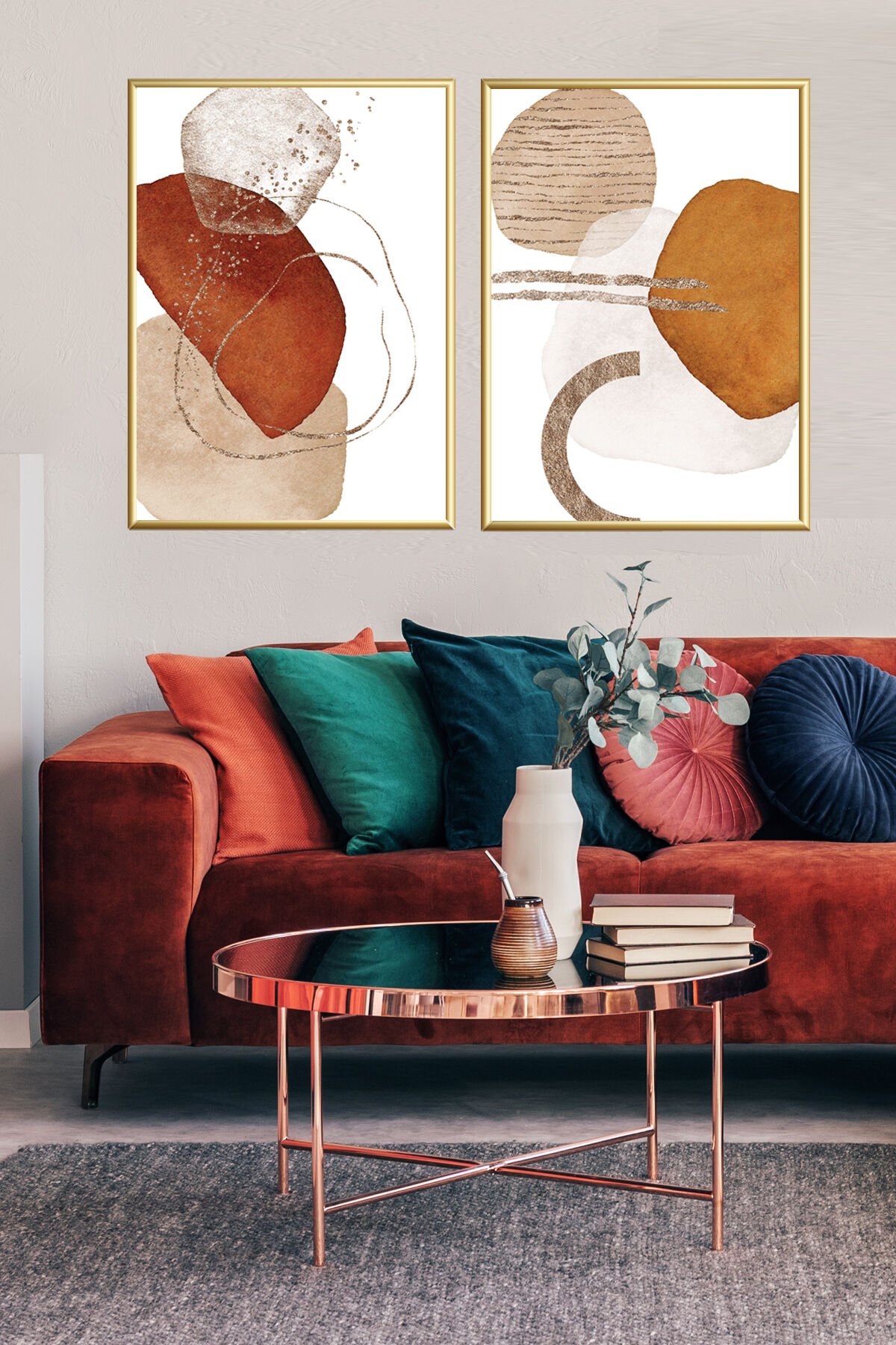 Ikili Gold Alüminyum Metal Çerçeveli Soyut Kırmızı Turuncu Camlı Poster Tablo Seti