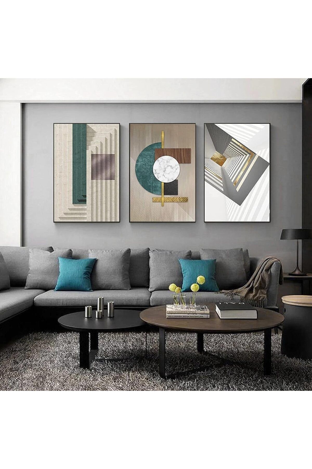 3lü Siyah İnce Metal Çerçeveli Zebra Geometrik Yeşil Poster Cam Tablo Seti