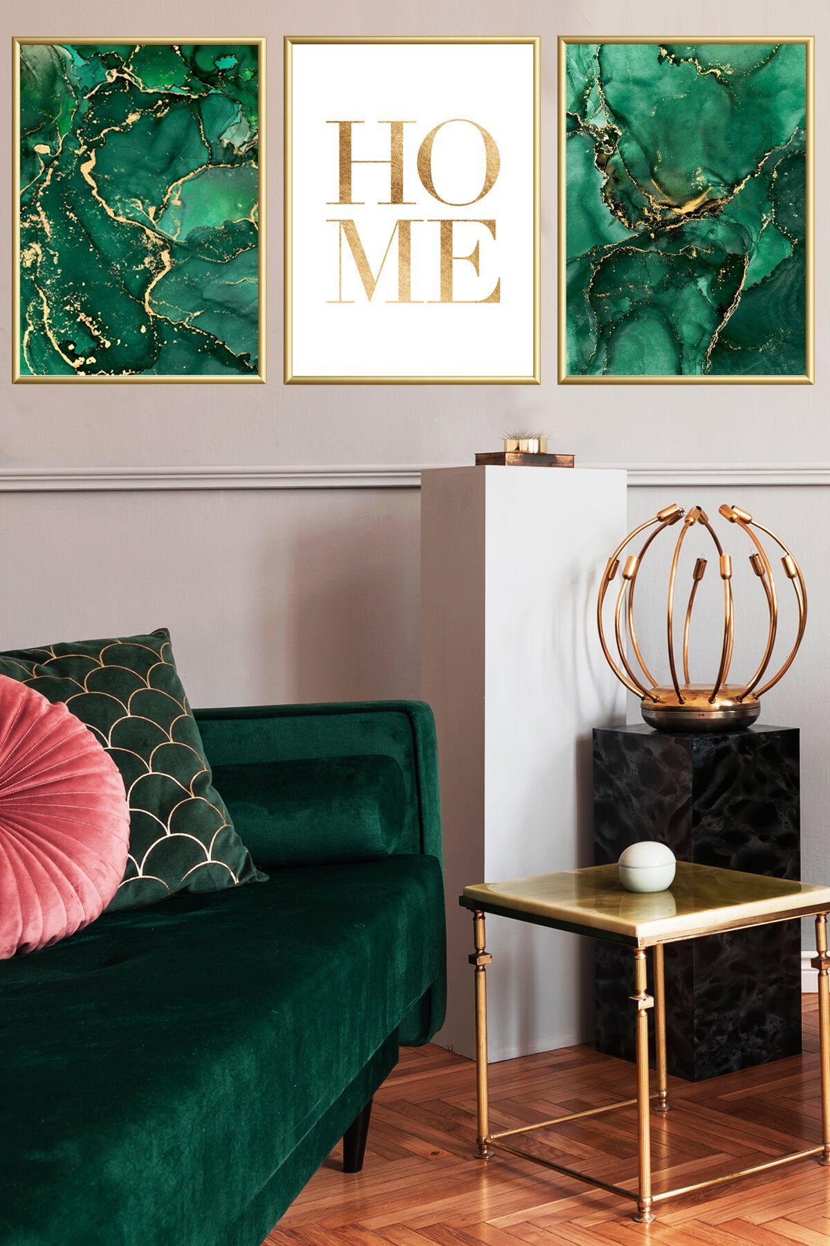 Üçlü Gold Alüminyum Metal Çerçeveli Yeşil Mermer Desen Home Yazılı Camlı Poster Tablo Seti