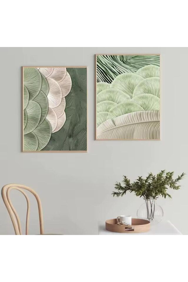 İkili Gold Metal Çerçeveli Yeşil Desen Cam Tablo Seti Gold - 30 X 40