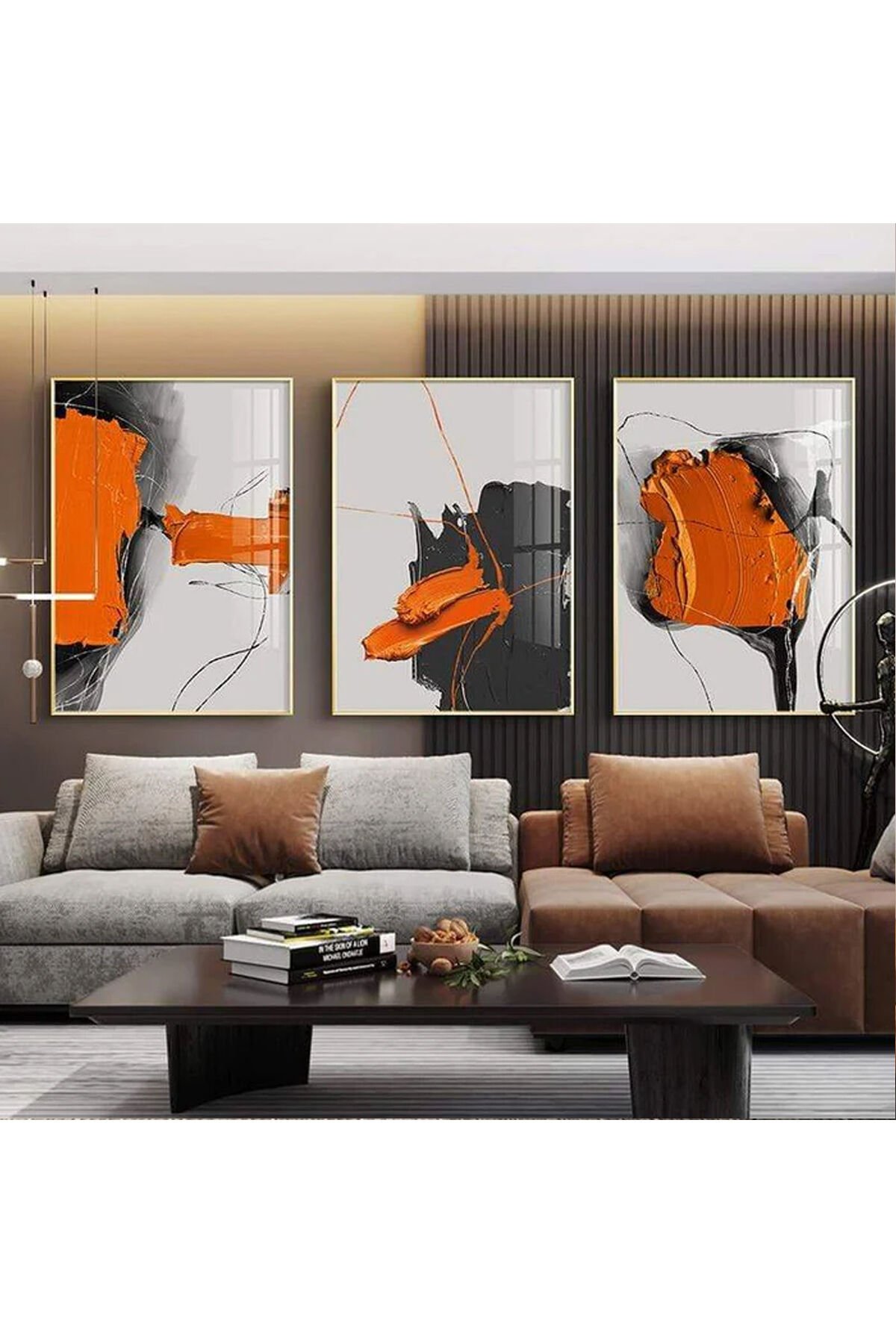 Üçlü Gold Alüminyum Metal Çerçeveli Siyah Turuncu Poster Tablo Seti