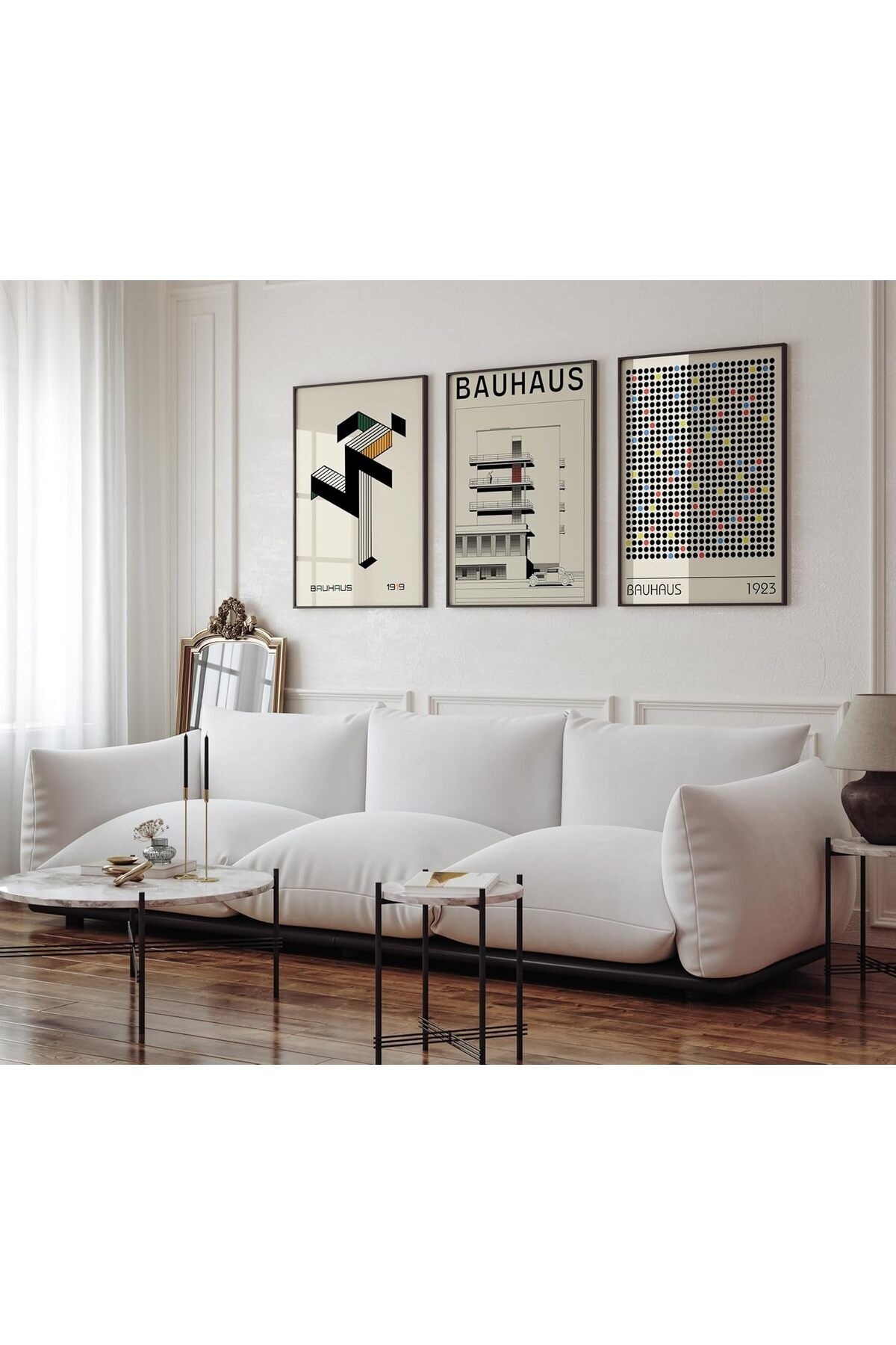 Üçlü Siyah İnce Metal Çerçeveli Modern Mimari Poster Cam Tablo Seti