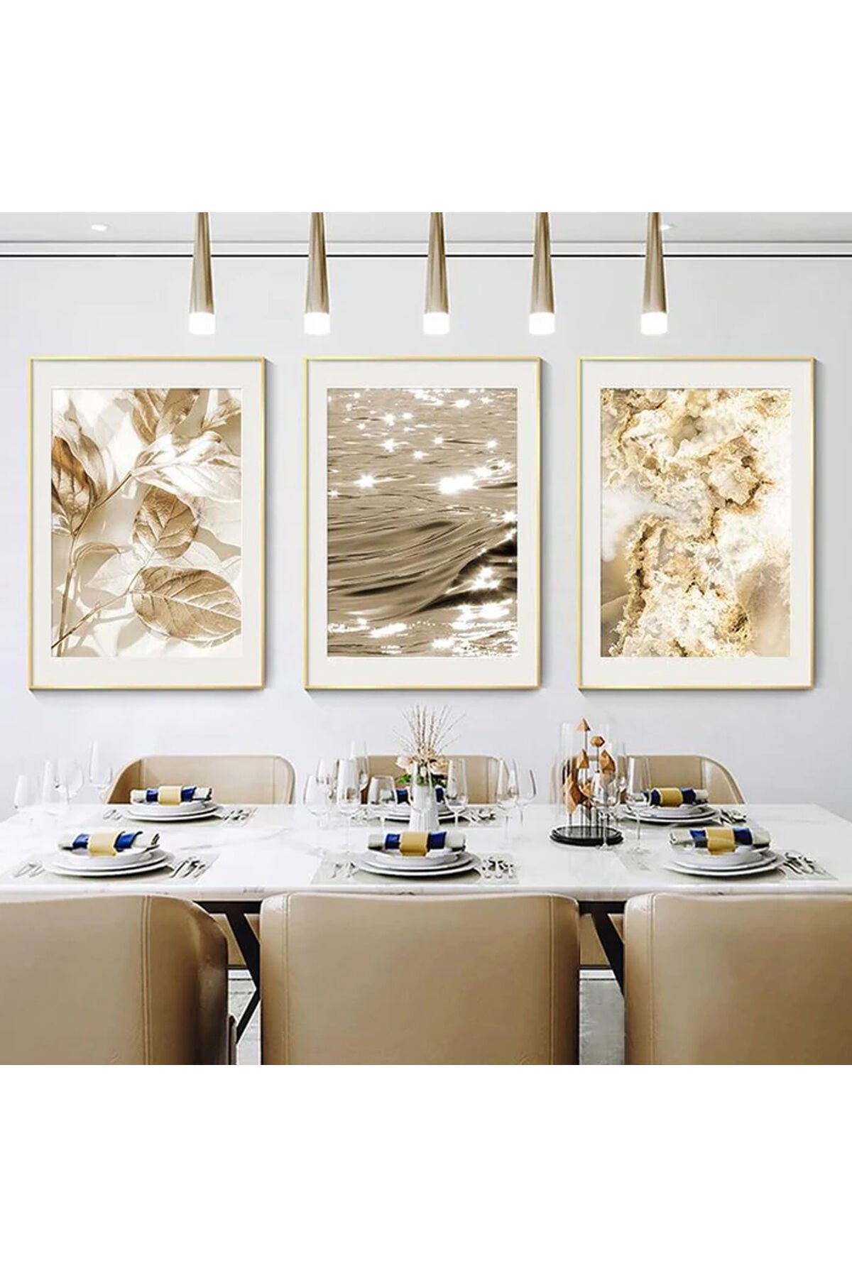 Üçlü Gold Alüminyum Metal Çerçeveli Soft Yaprak Deniz Işıltı Poster Tablo Seti