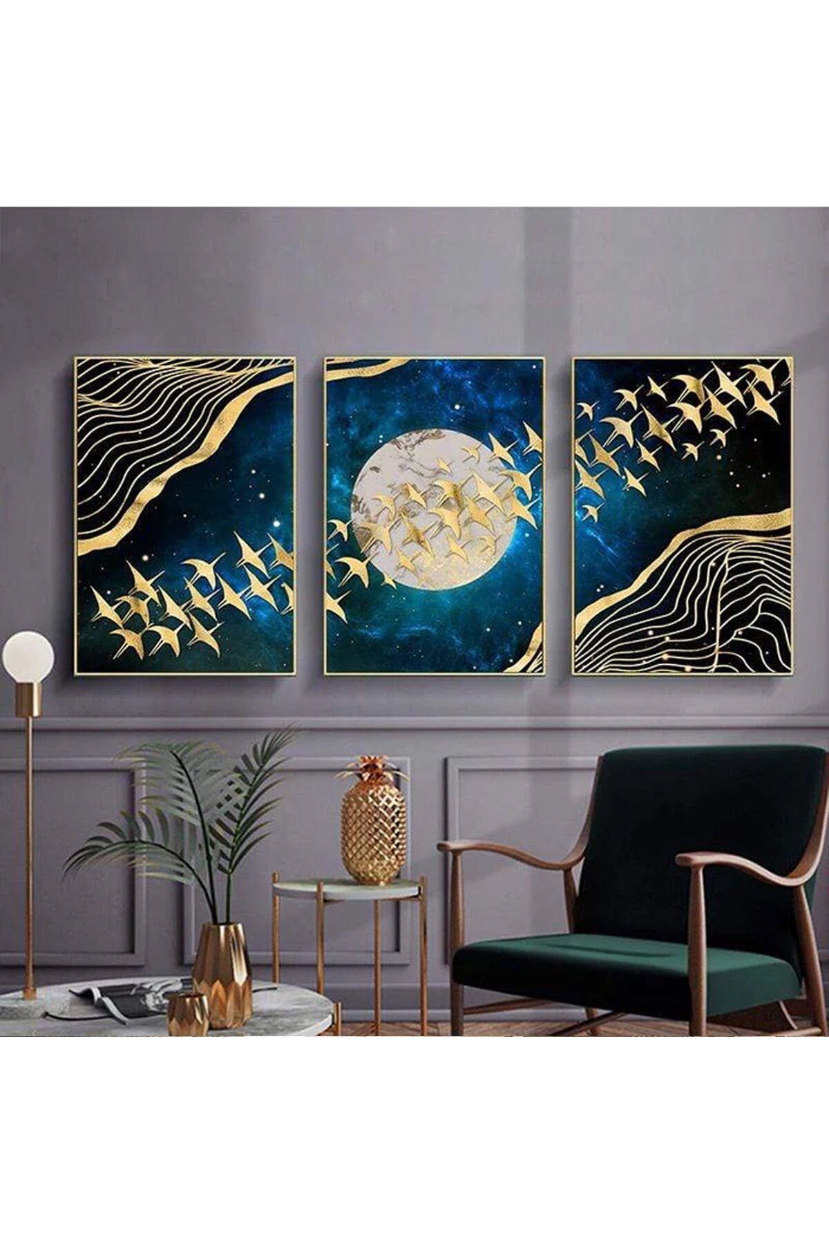 Üçlü Gold Alüminyum Metal Çerçeveli Gece Kuşlar Ay Lacivert Poster Tablo Seti