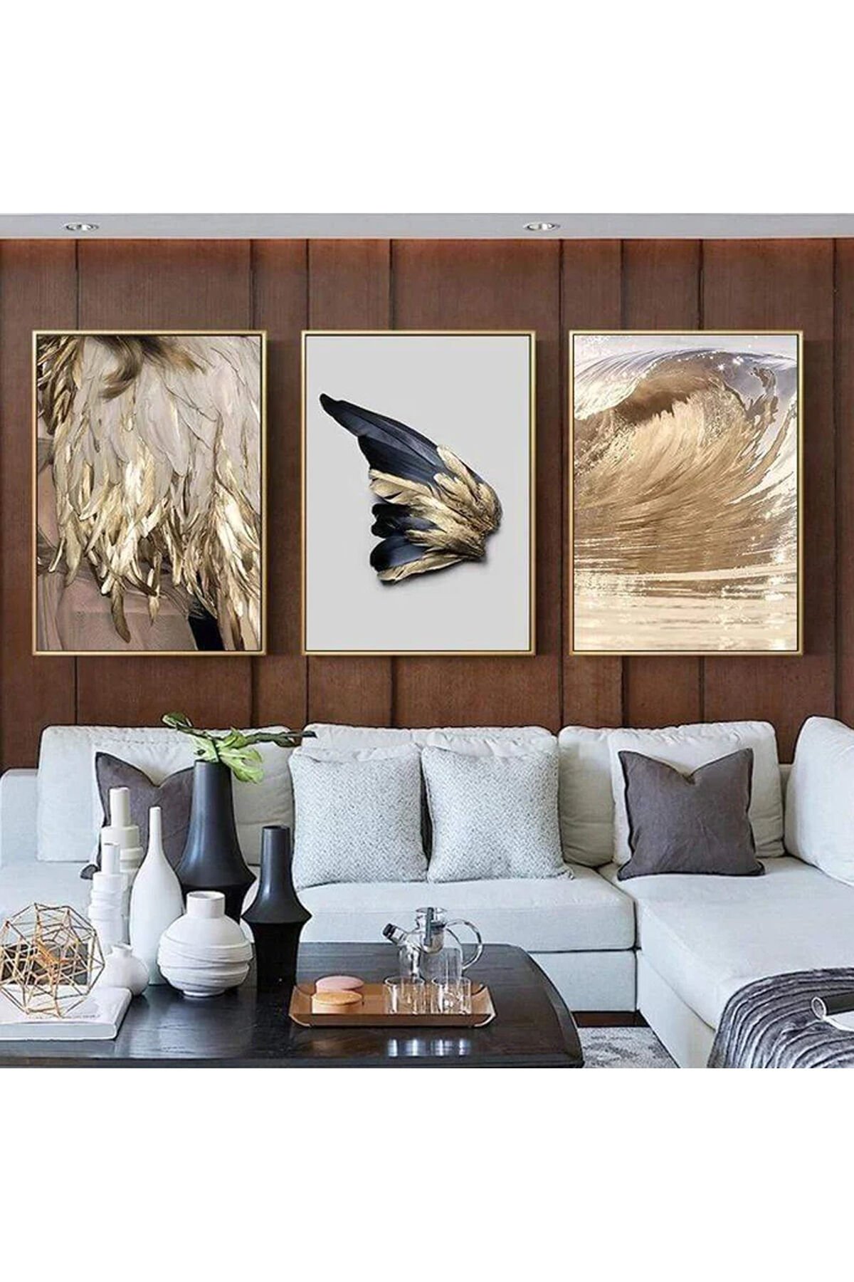 Üçlü Gold Alüminyum Metal Çerçeveli Kanat Gold Lacivert Poster Tablo Seti