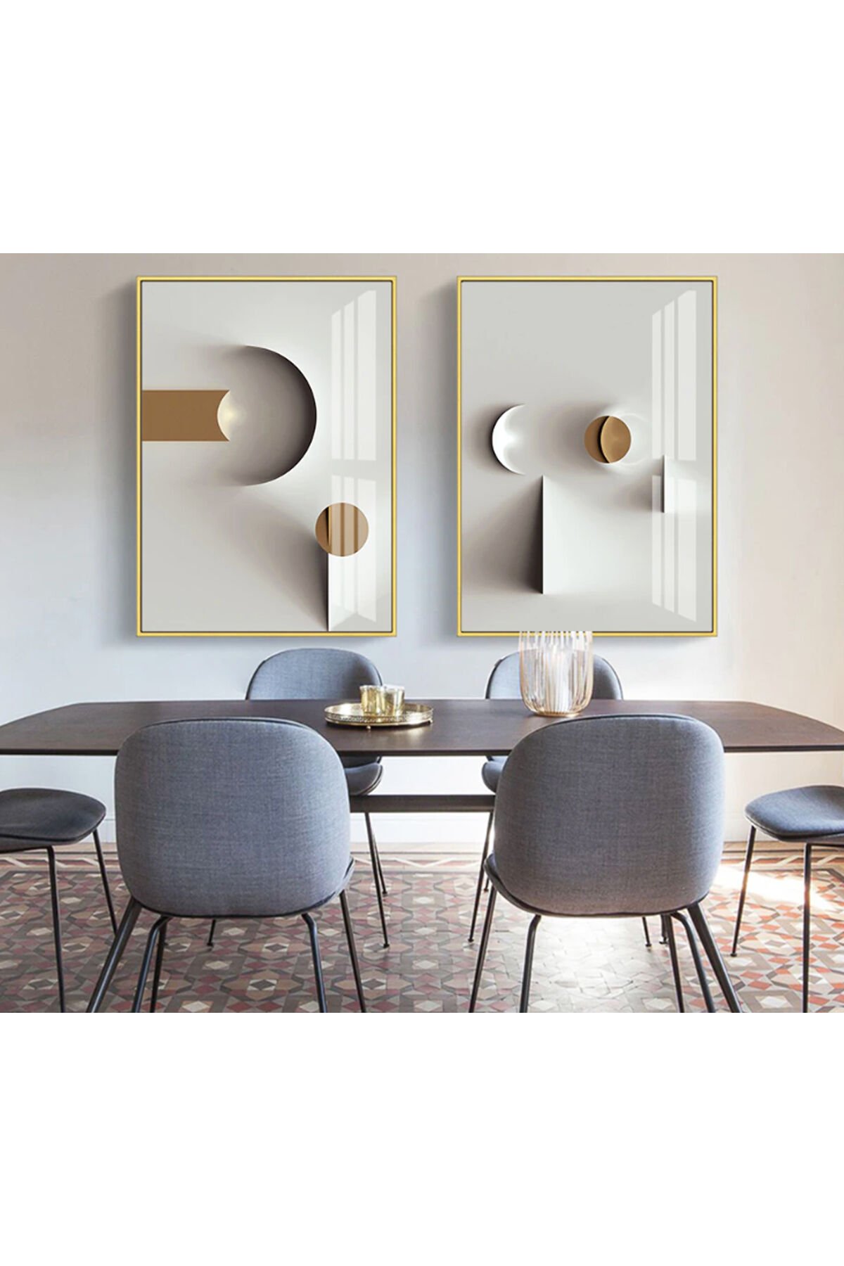 Ikili Gold Alüminyum Metal Çerçeveli Beyaz Soyut Geometrik Poster Tablo Seti