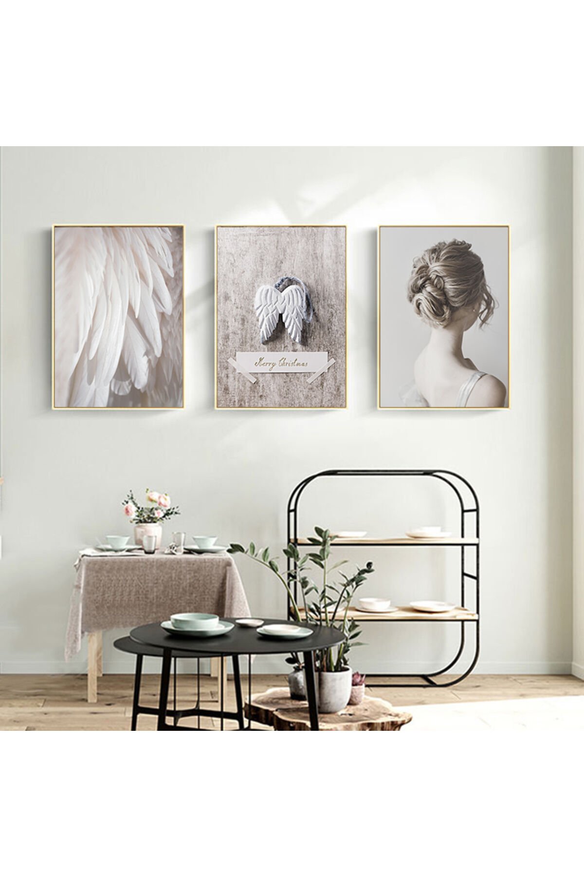 Üçlü Gold Alüminyum Metal Soft Melek Kanat Tüy Camlı Tablo Seti