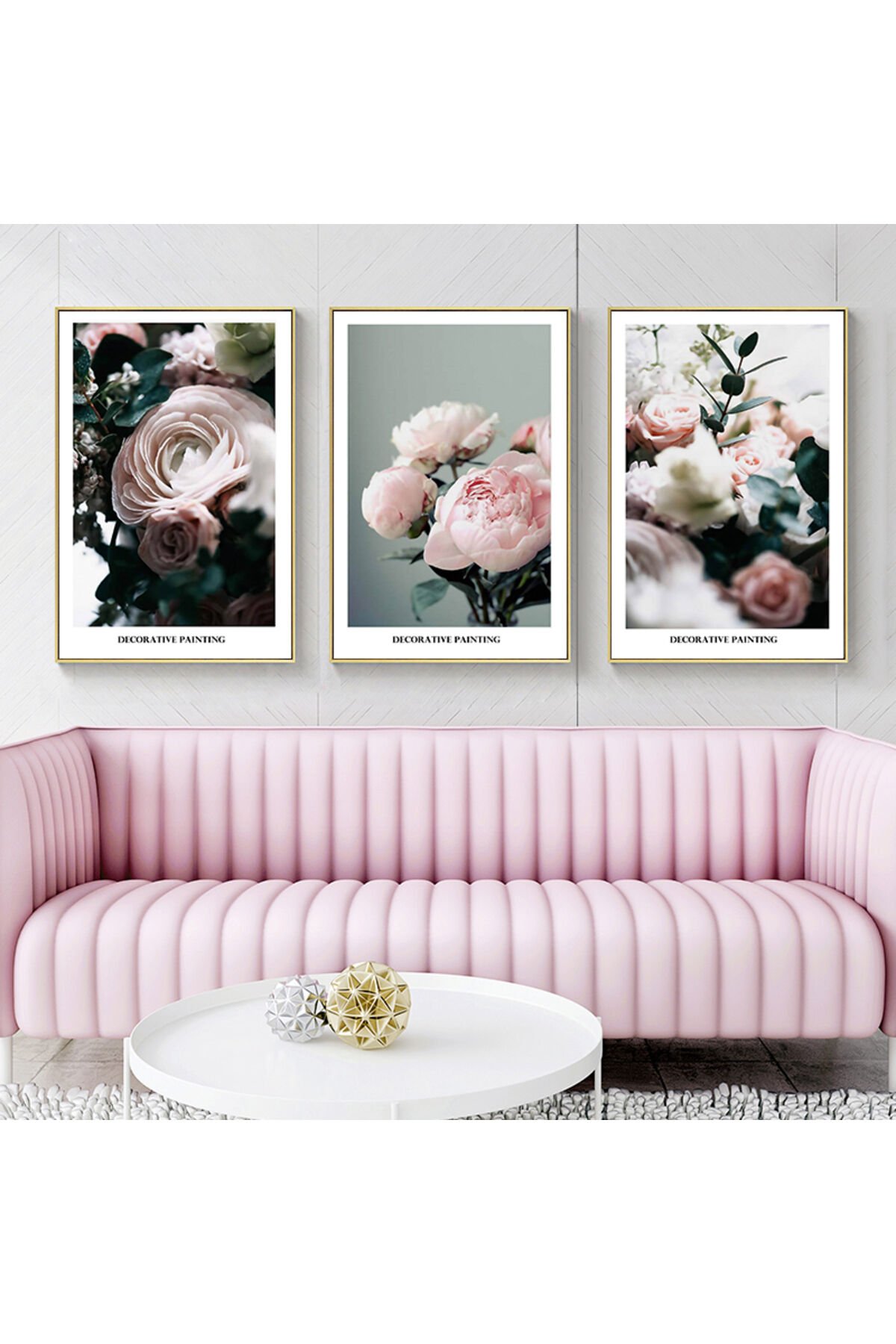 Üçlü Gold Alüminyum Metal Çerçeveli Gül Çiçek Pembe Camlı Tablo Seti