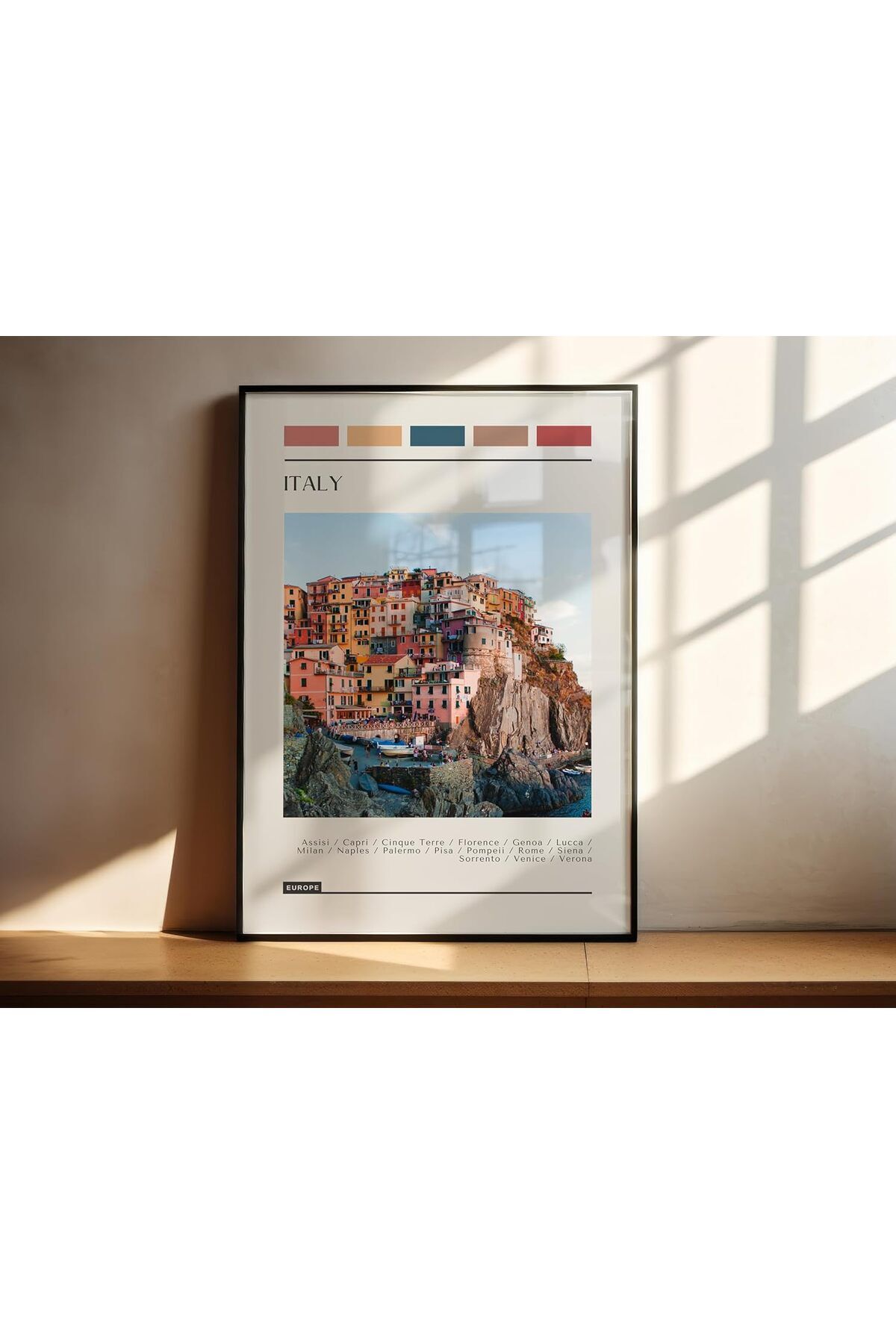 Siyah Metal Çerçeveli Minimal İtalya Yazlık Tatil Camlı Poster Tablo Seti