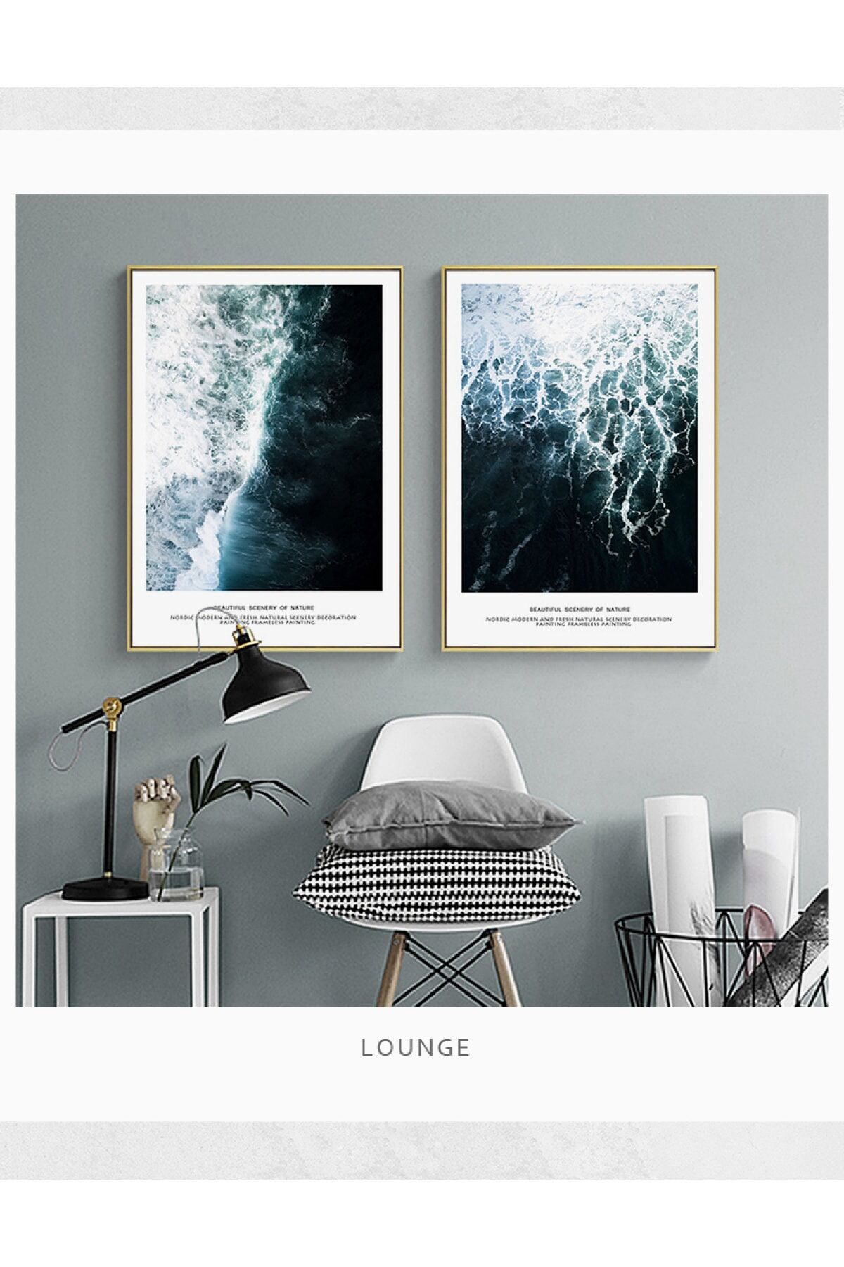 Ikili Gold Alüminyum Metal Deniz Dalgalar Doğa Lacivert Poster Tablo Seti