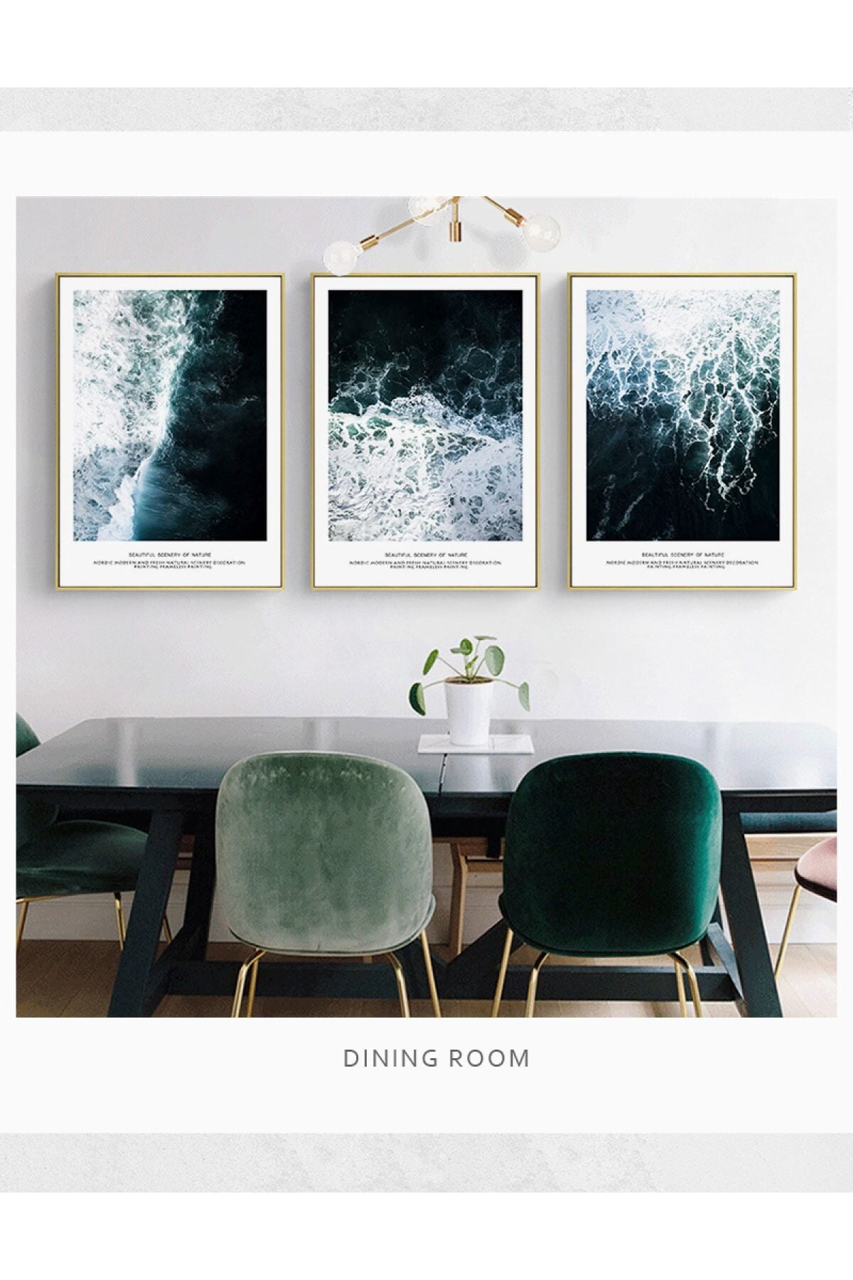 Üçlü Gold Alüminyum Çerçeveli Deniz Dalgalar Koyu Renkler Camlı Tablo Seti