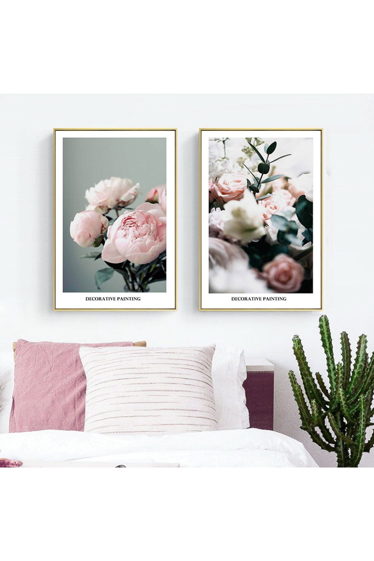 Ikili Gold Alüminyum Metal Çerçeveli Pembe Çiçek Poster Tablo Seti