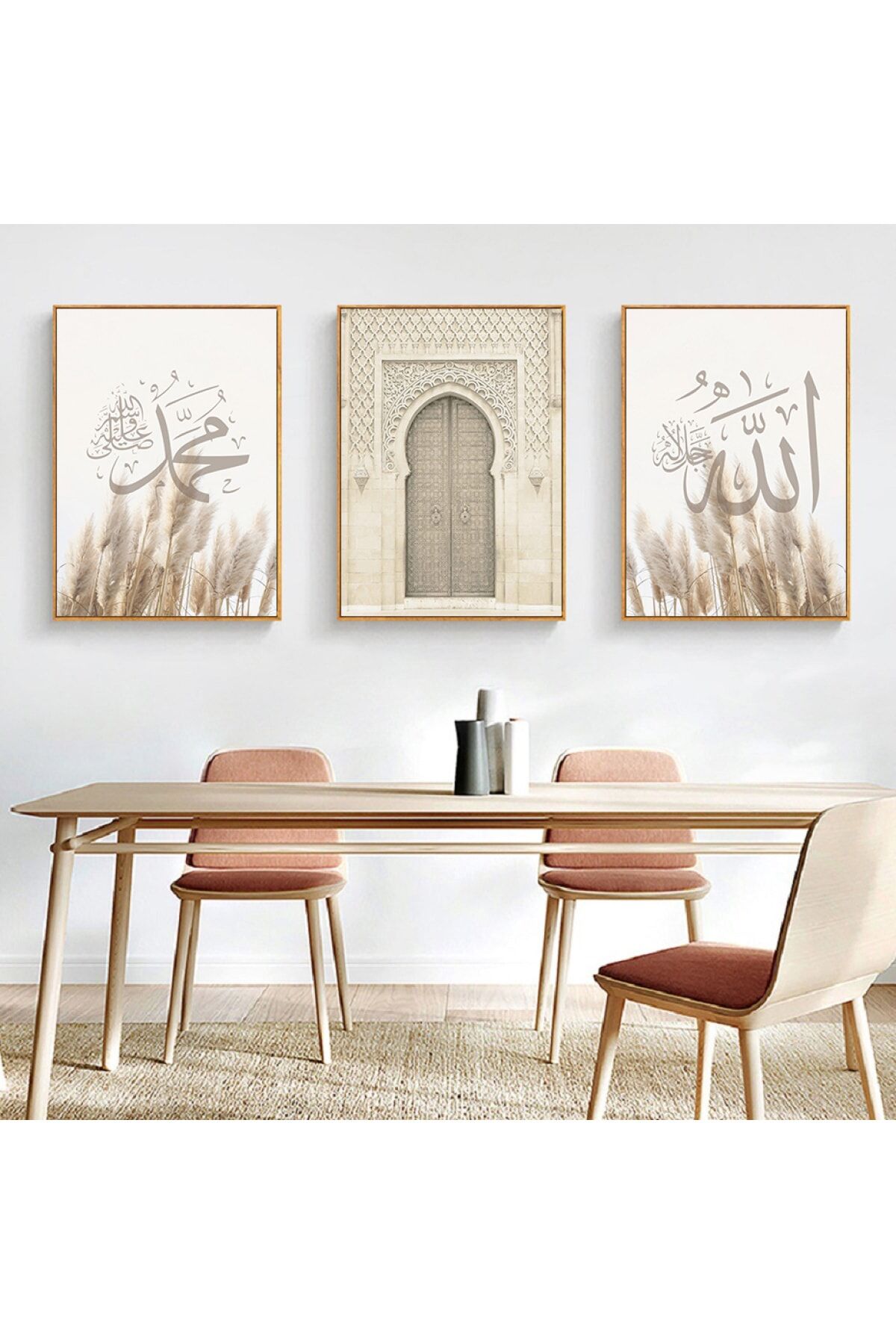 Üçlü Gold Alüminyum Çerçeveli Islami Dua Kapı Camlı Tablo Seti