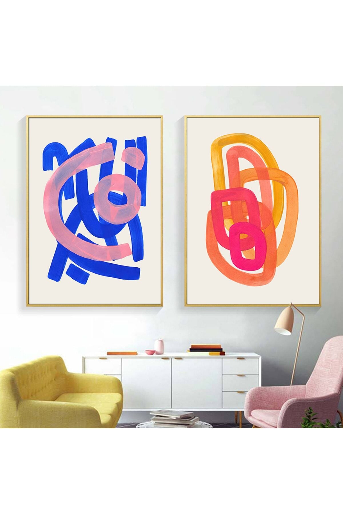 Ikili Gold Alüminyum Pembe Mavi Sanatsal Dairesel Oval Camlı Tablo Seti