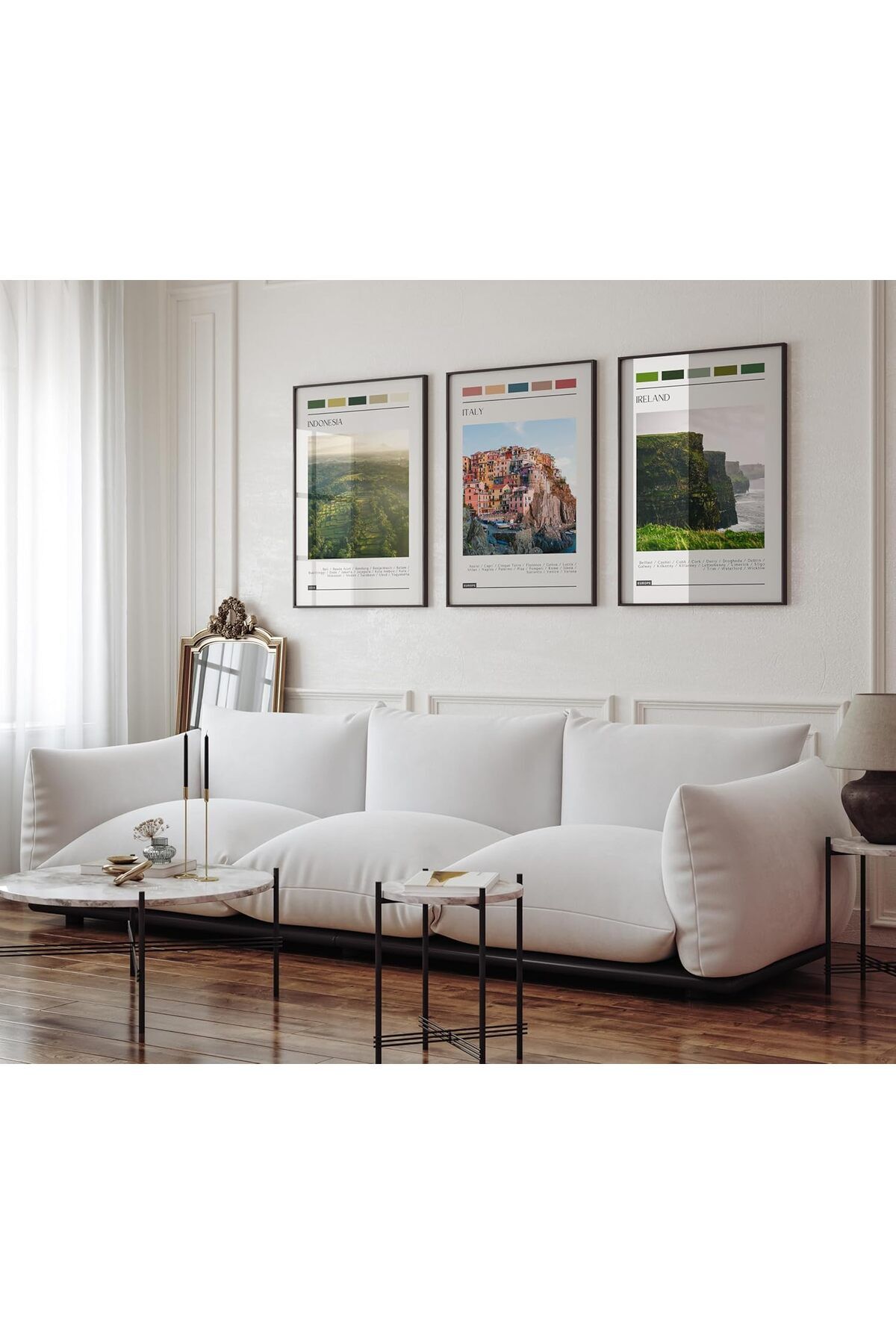 Üçlü Siyah İnce Metal Çerçeveli Yaz Ferah İtalya Camlı Tablo Seti