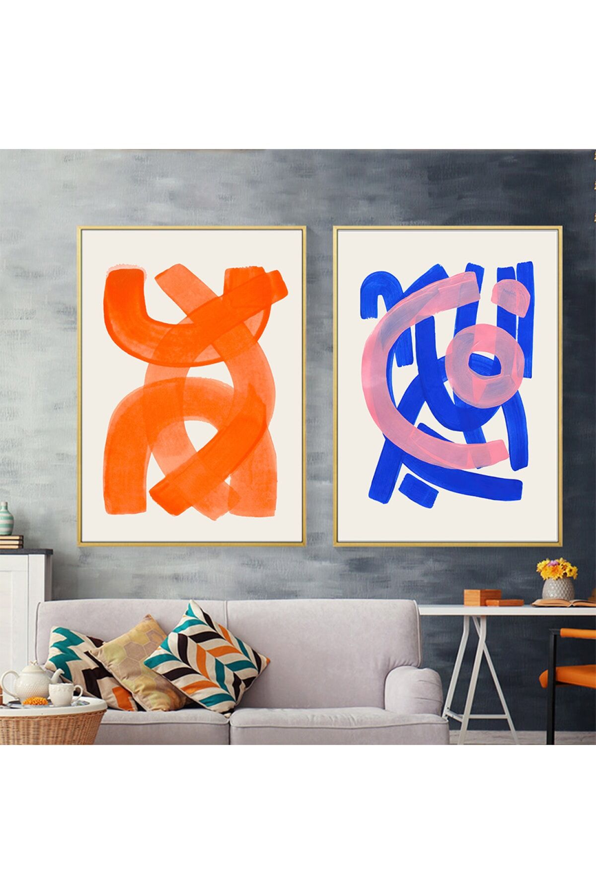 Ikili Gold Alüminyum Çerçeve Gerçek Cam Turuncu Mavi Sanatsal Fırça Poster Seti