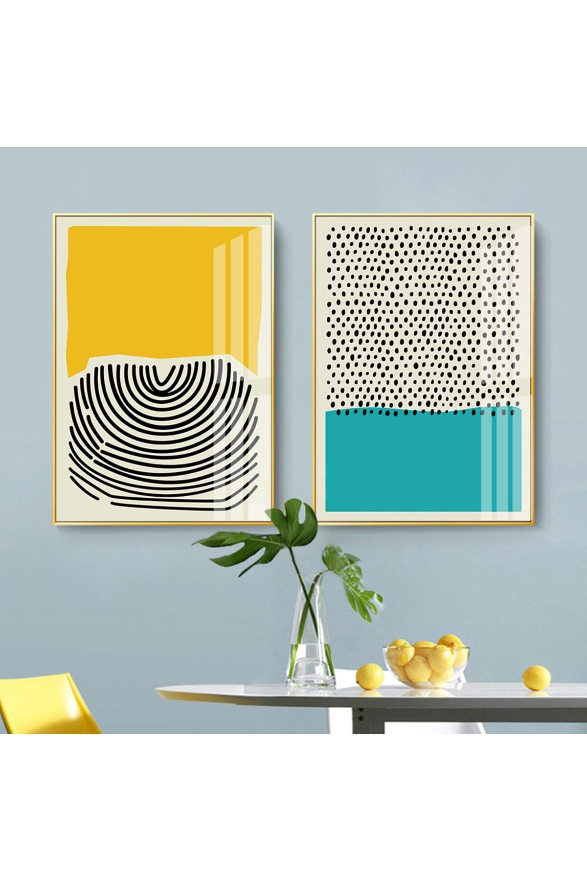 Ikili Gold Alüminyum Camlı Siyah Mavi Sarı Puantiye Poster Seti